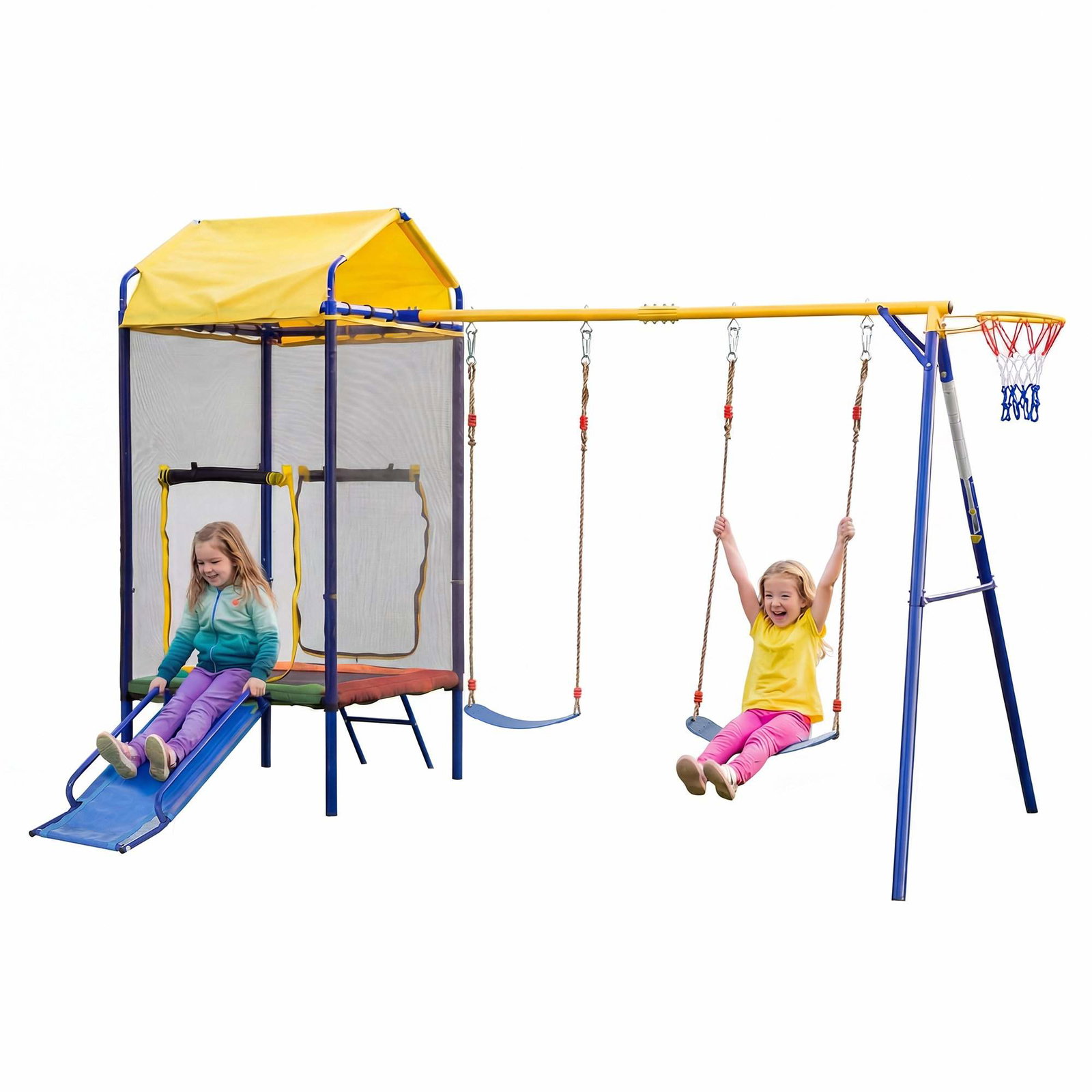 Utendørs lekesett med trampoline, husker, sklie og bøyle
