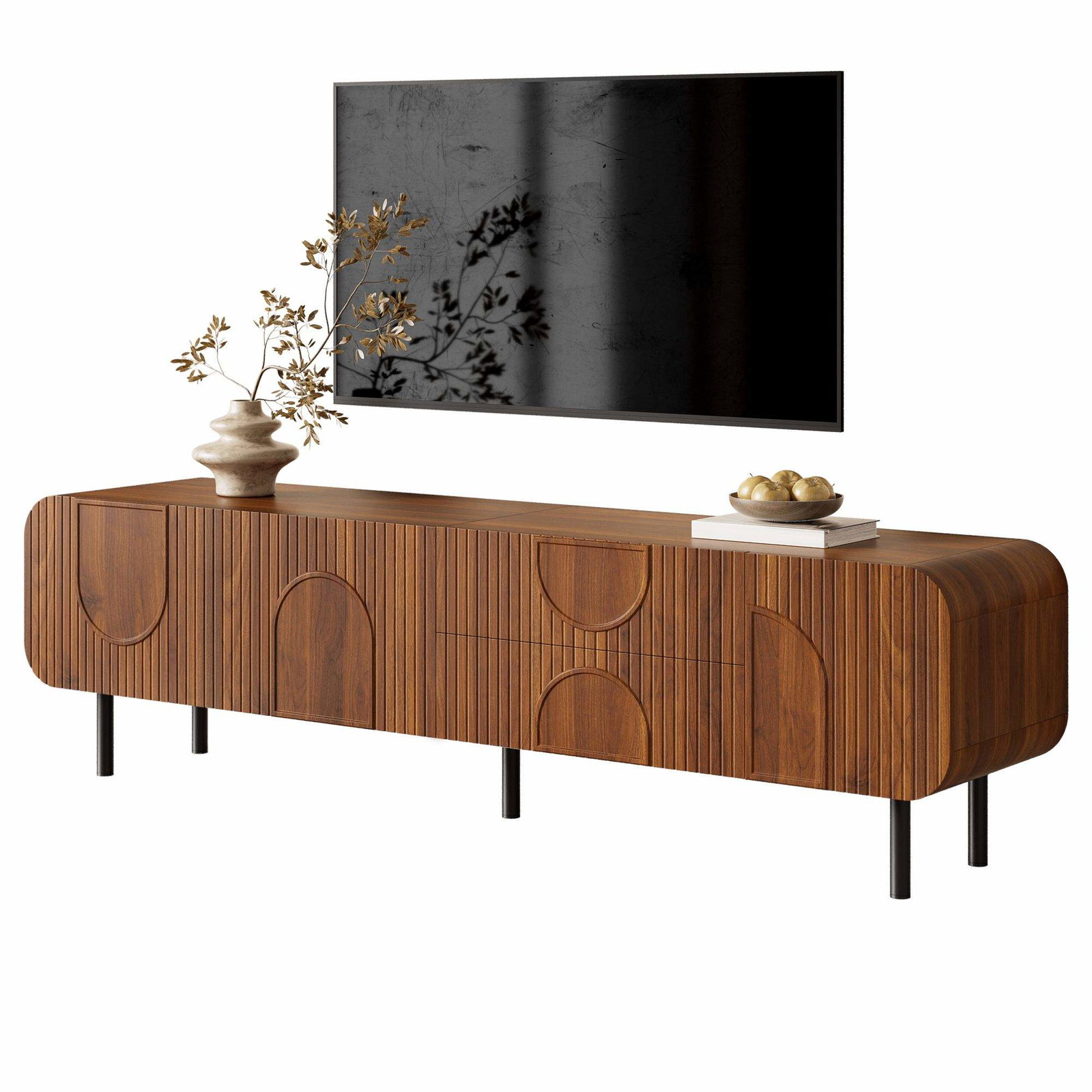 Mid-Century TV-benk – valnøtt, 3 dører, 2 skuffer
