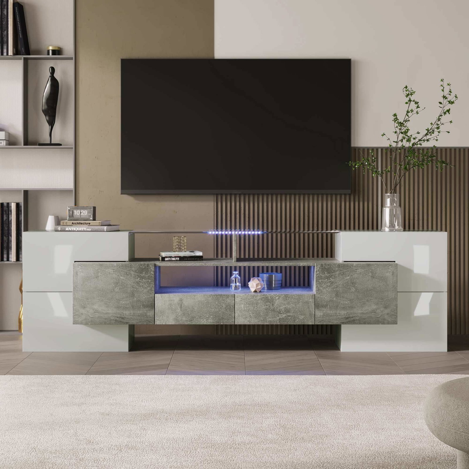 Høyglanset TV-stativ med LED-lys – 200 cm, hvit/grå