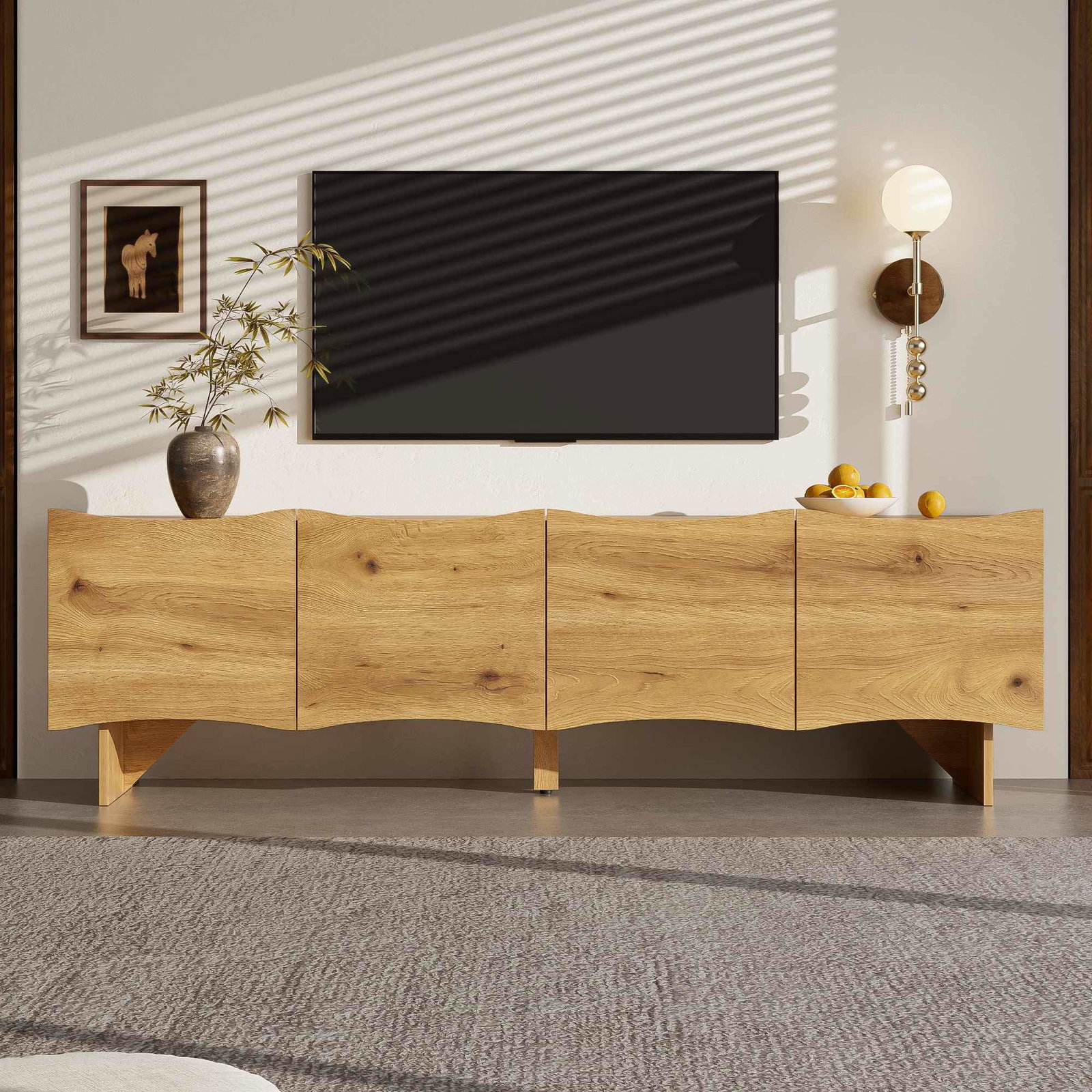 Moderne TV-stativ med bølgedesign – 155 cm, kabelhåndtering