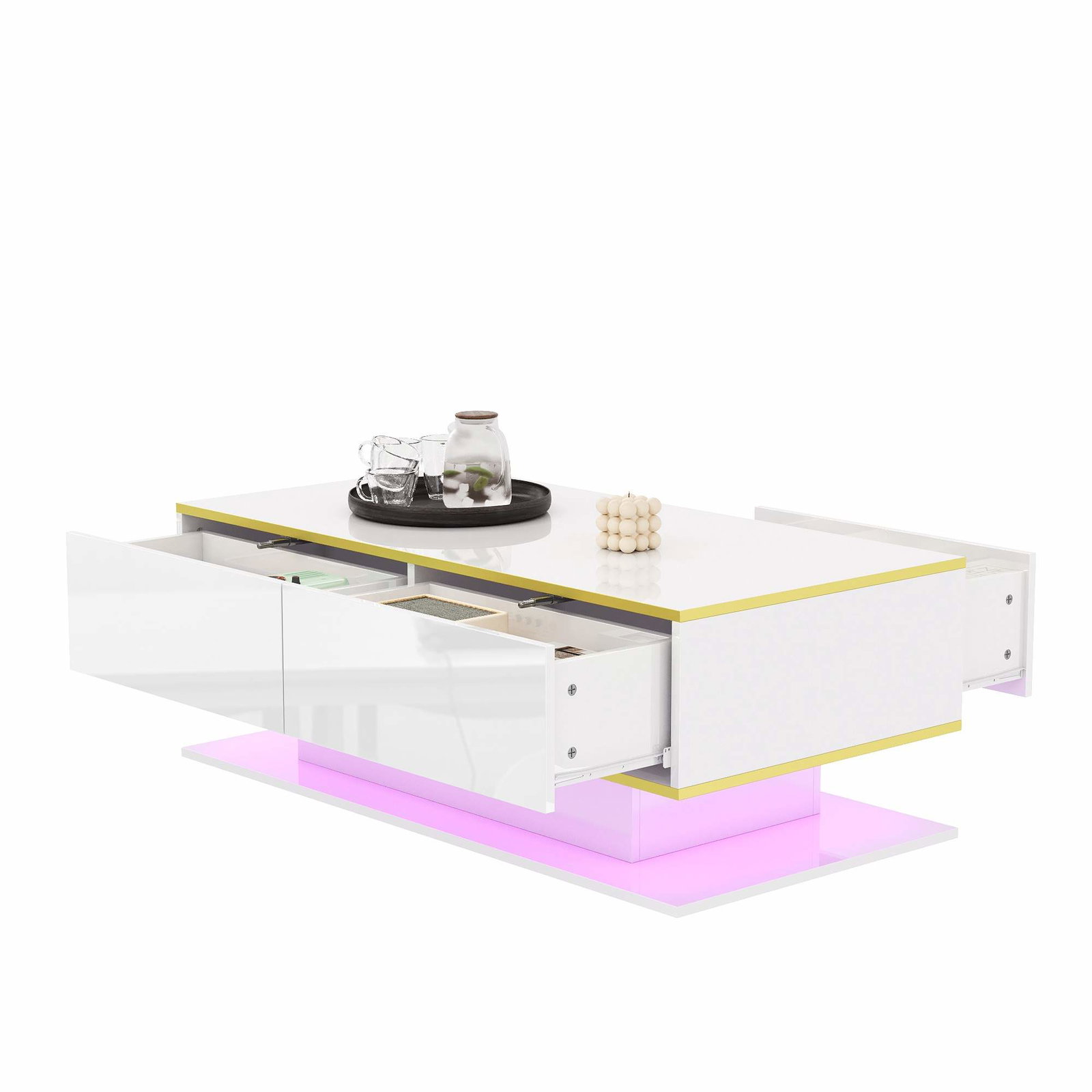 LED-sofabord med gulldetaljer, blank finish, 3 skuffer