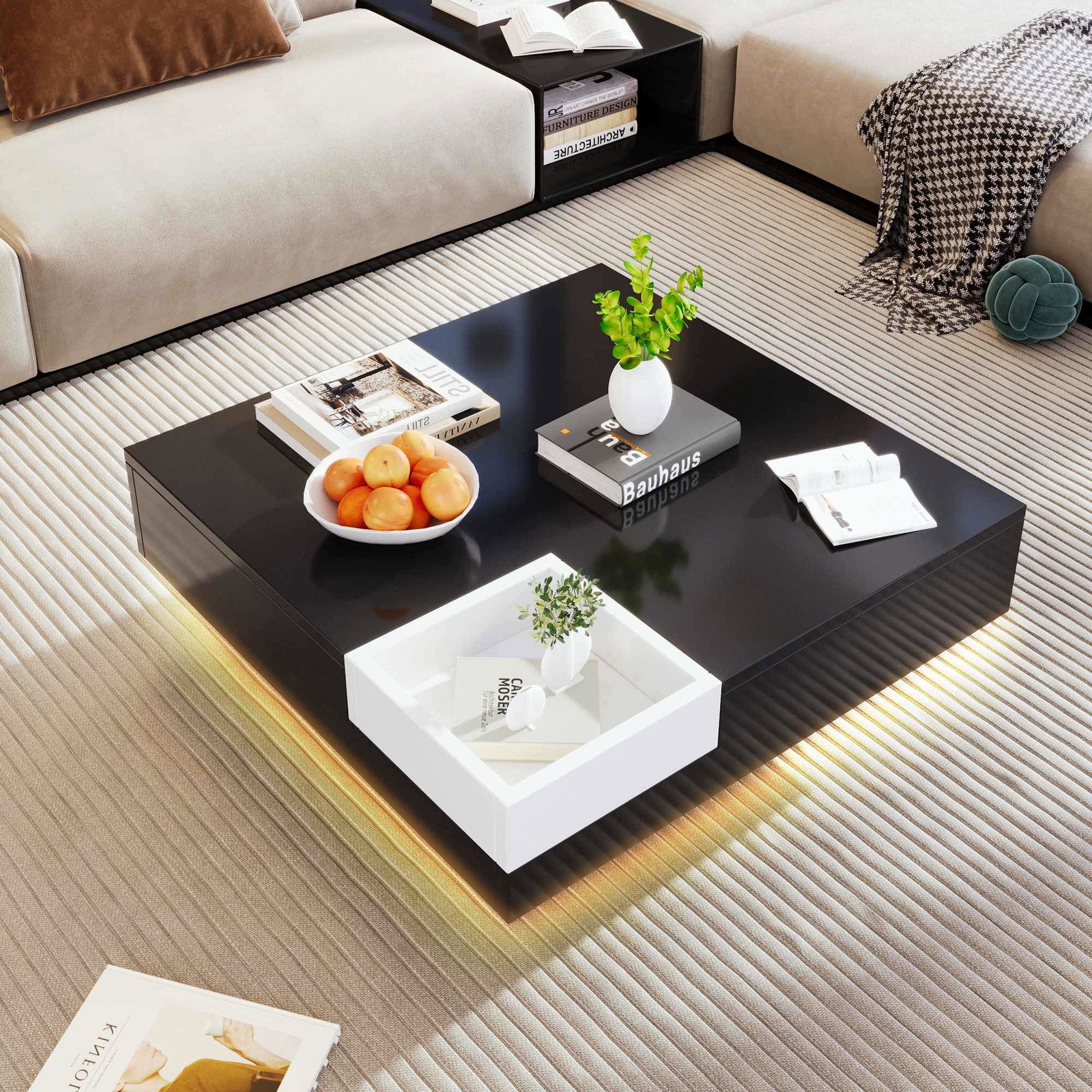 Salongbord med oppbevaringsboks, LED-lys, 72x72x30 cm