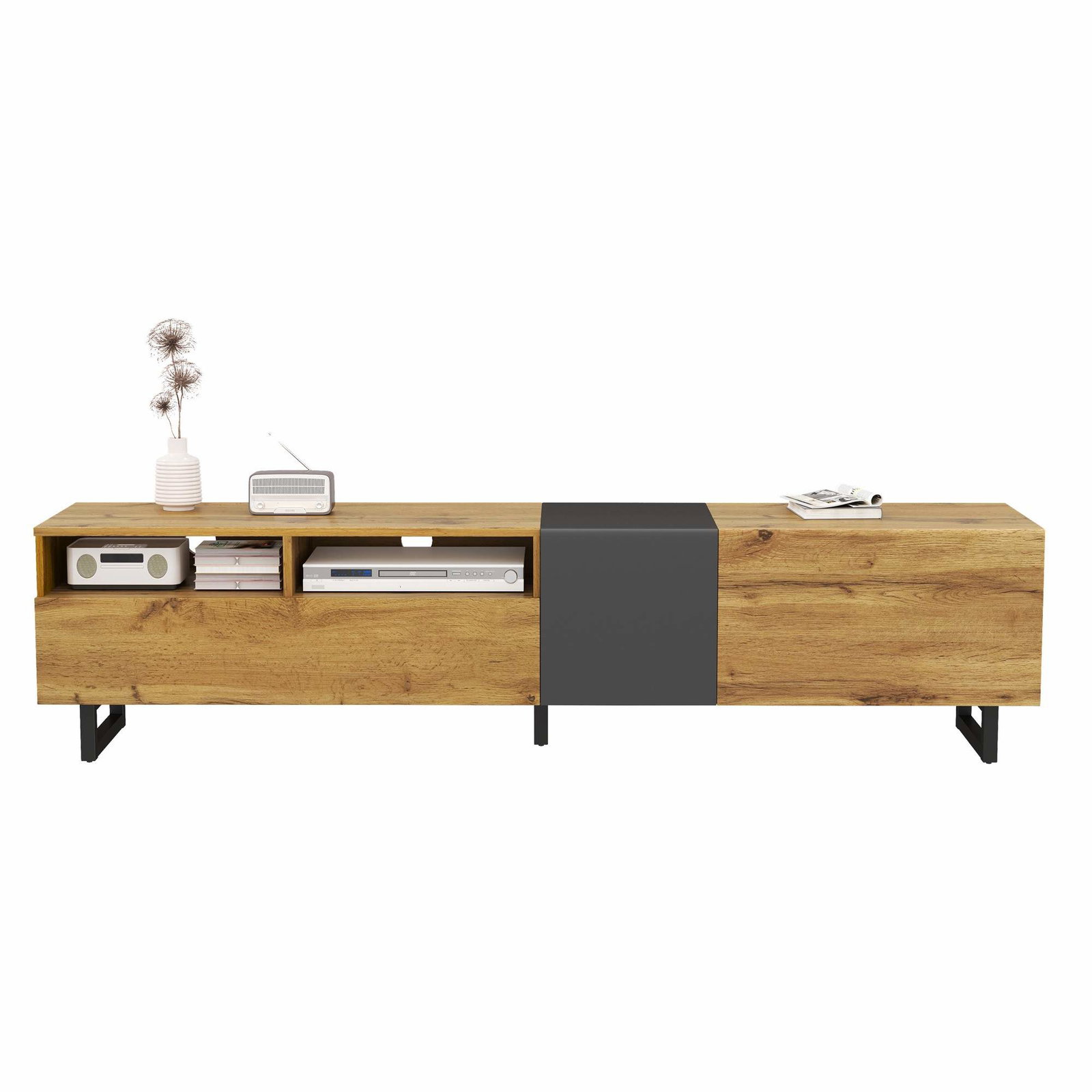 Colorblock TV-stativ – 3 dører, 2 hyller, retro trefinish