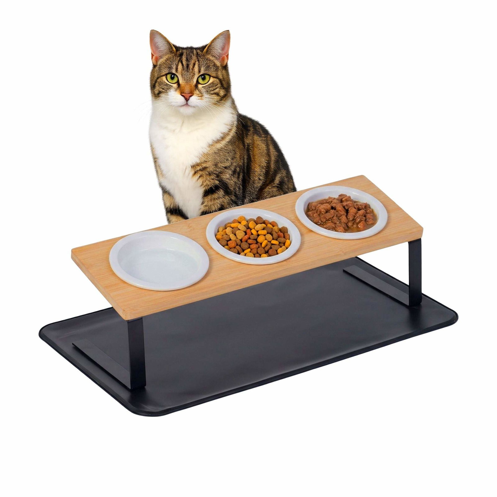 Sett med hevet keramisk kattskål med bambusstativ og matte