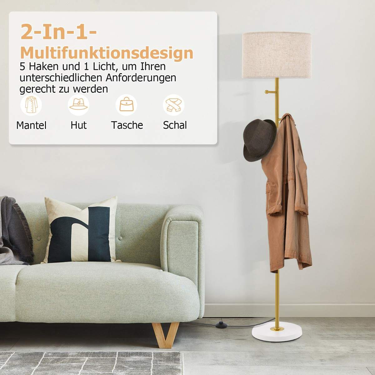 Gulvlampe med stativ – 5 kroker, E27, fotbryter