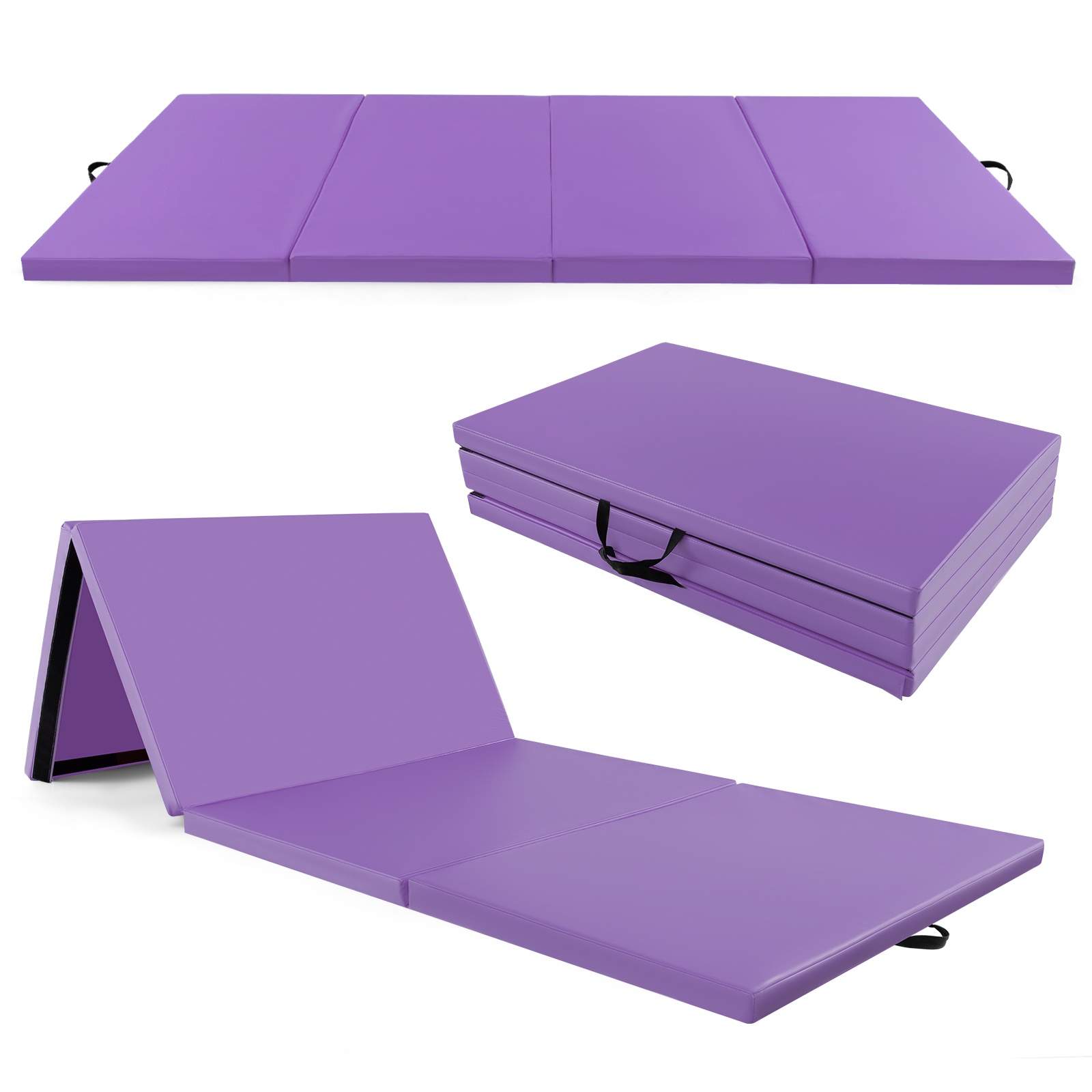 Sammenleggbar treningsmatte, 4-panels PU-skinn, håndtak, lilla