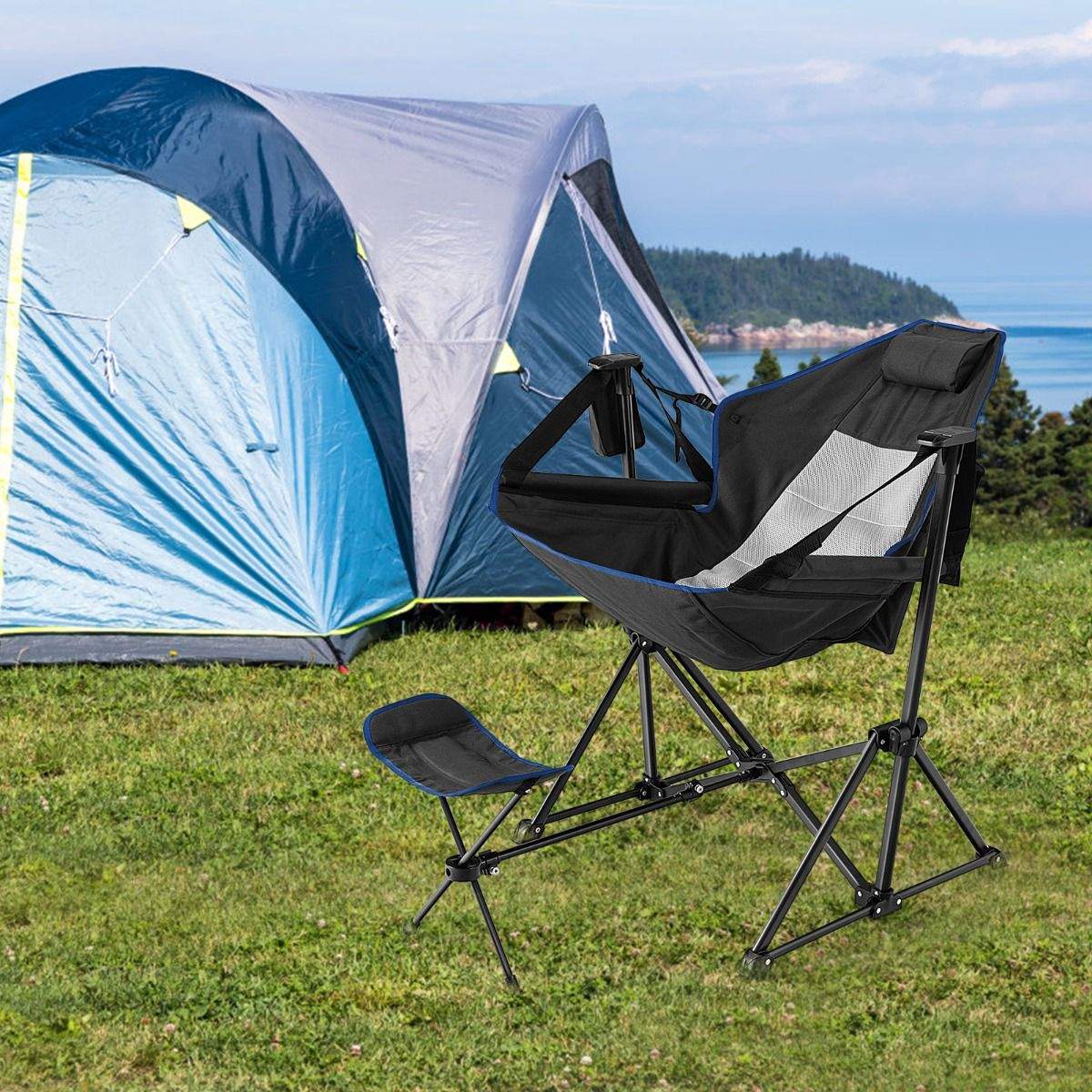 Hengekøye-campingstol – uttrekkbar fotstøtte, bæreveske