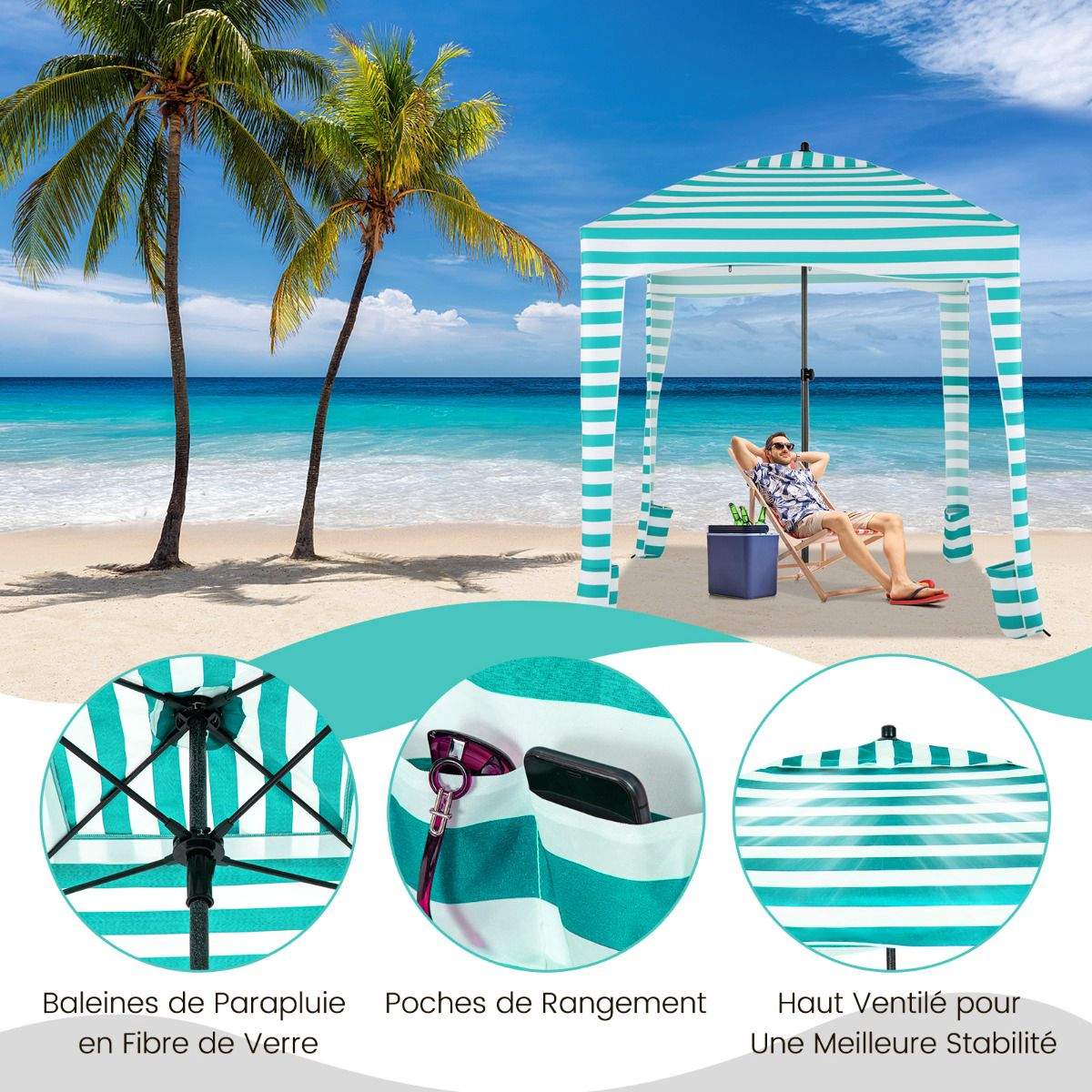 Strandtelt med baldakin 183x183cm – UPF50+, sidevegg, bag