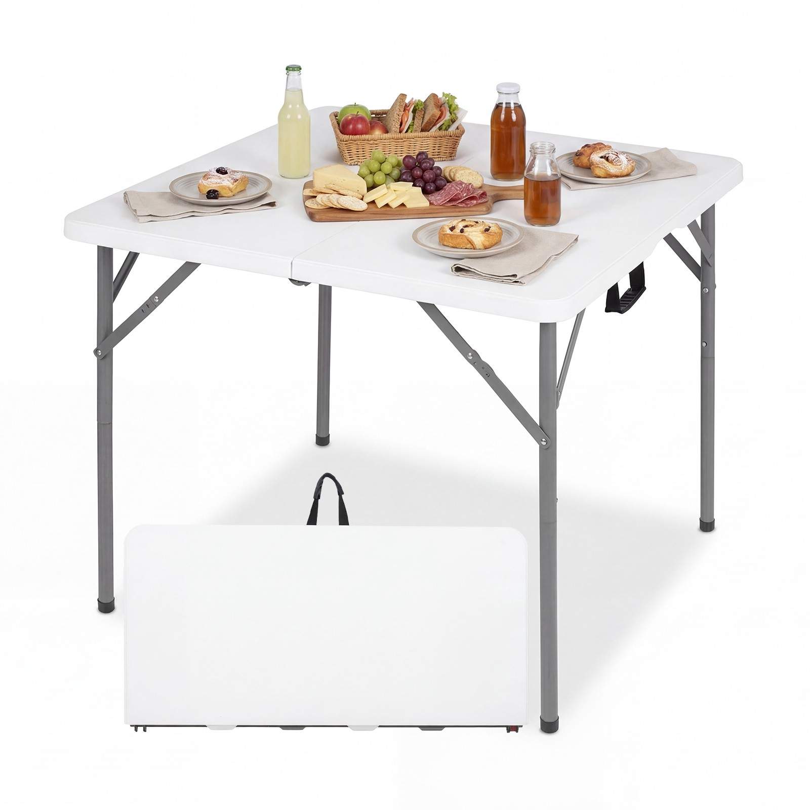 Sammenleggbart bord, 86 cm firkantet, HDPE-plate, bærehåndtak