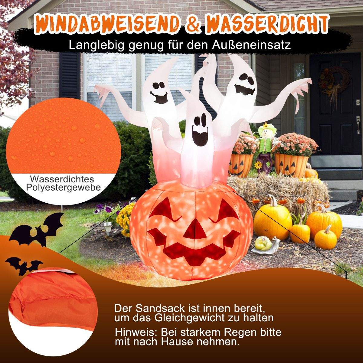 Oppblåsbare Halloween-spøkelser med gresskar, 182 cm LED