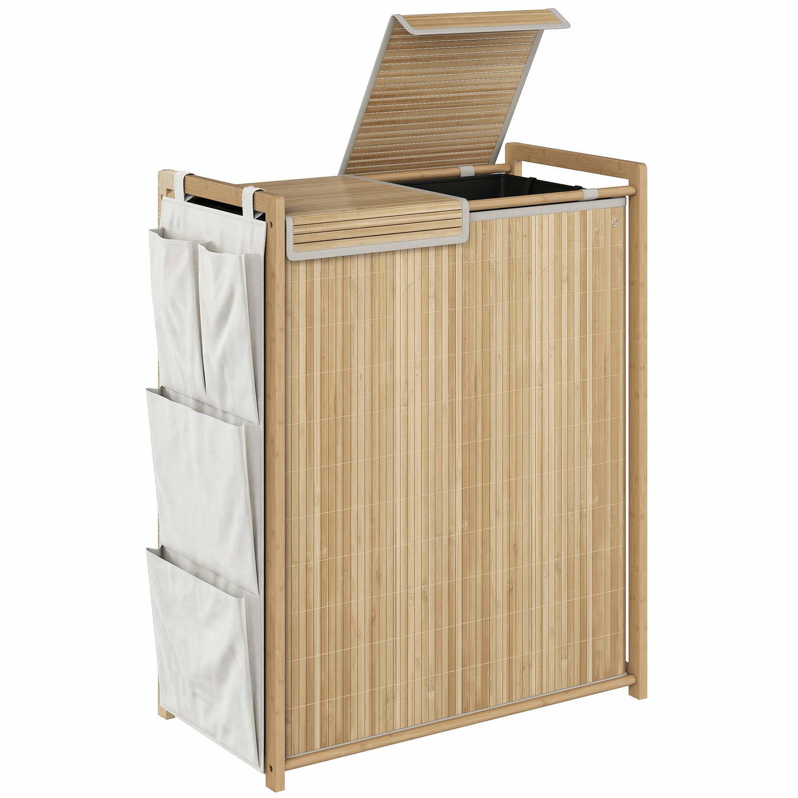 Bambus skittentøyskurv, 120 l, lokk, sidelommer