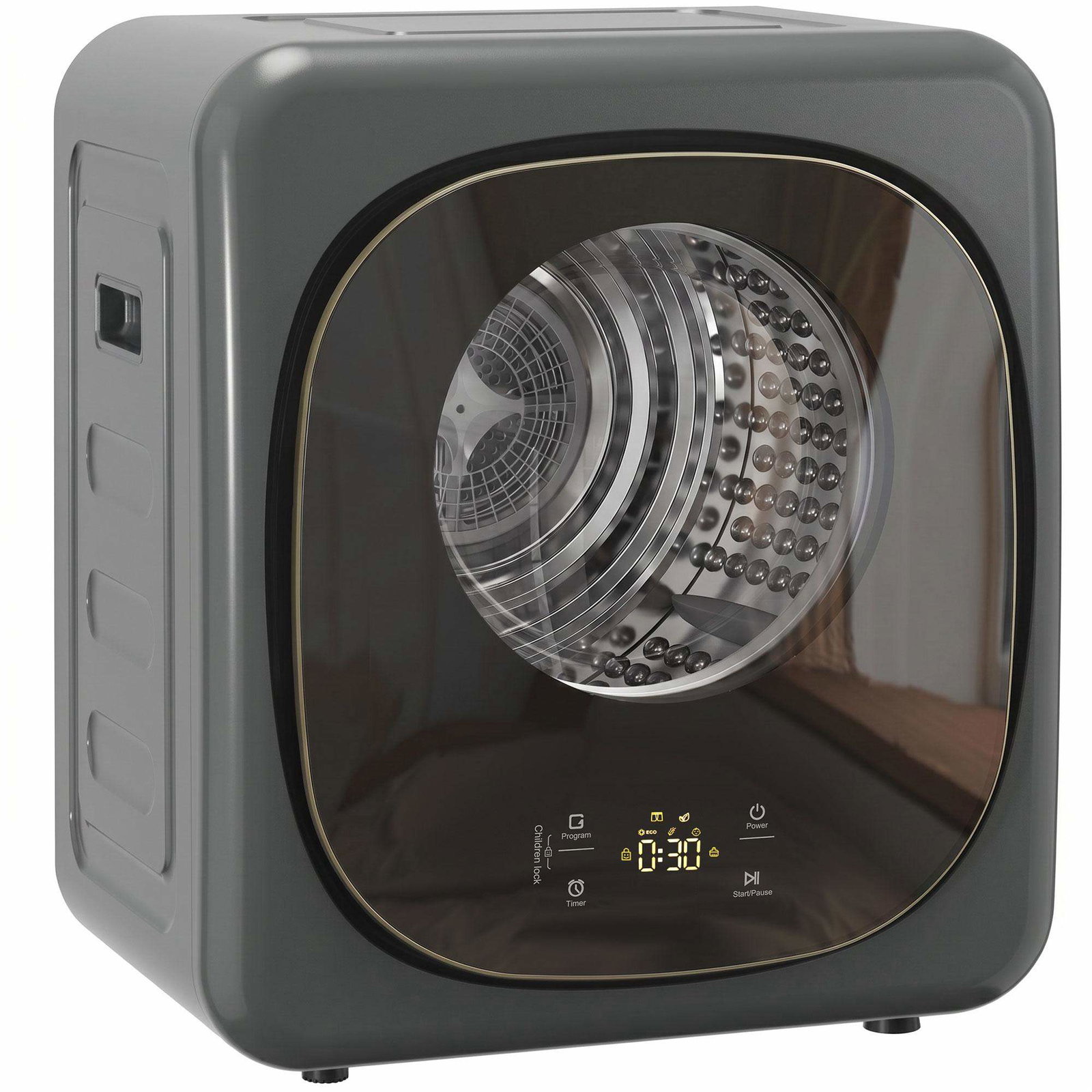 Kompakt 4 kg tørketrommel – 5 moduser, timer, grå/svart
