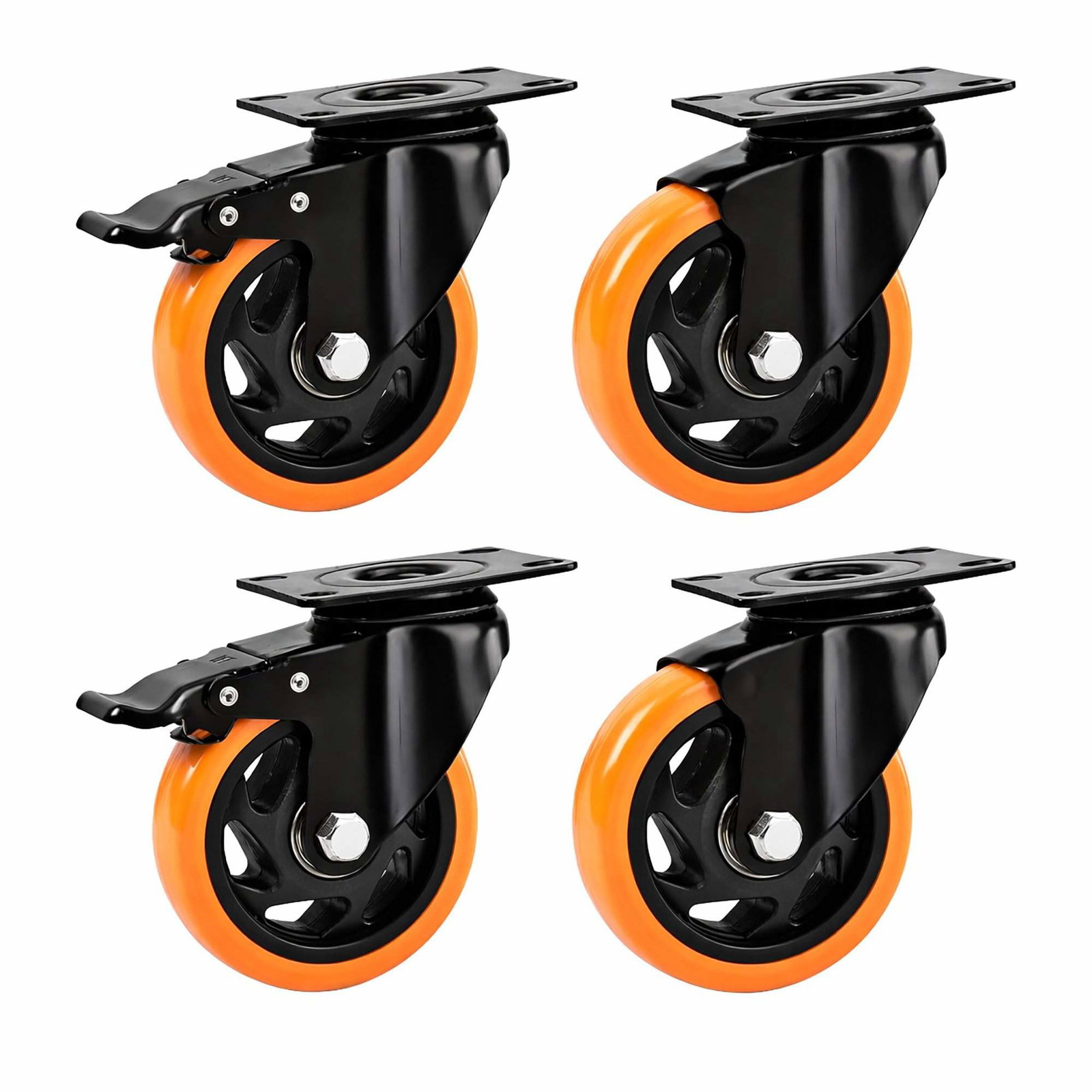 Sett med svingbare hjul, 100 mm hjul, svart/oransje, 150 kg belastning