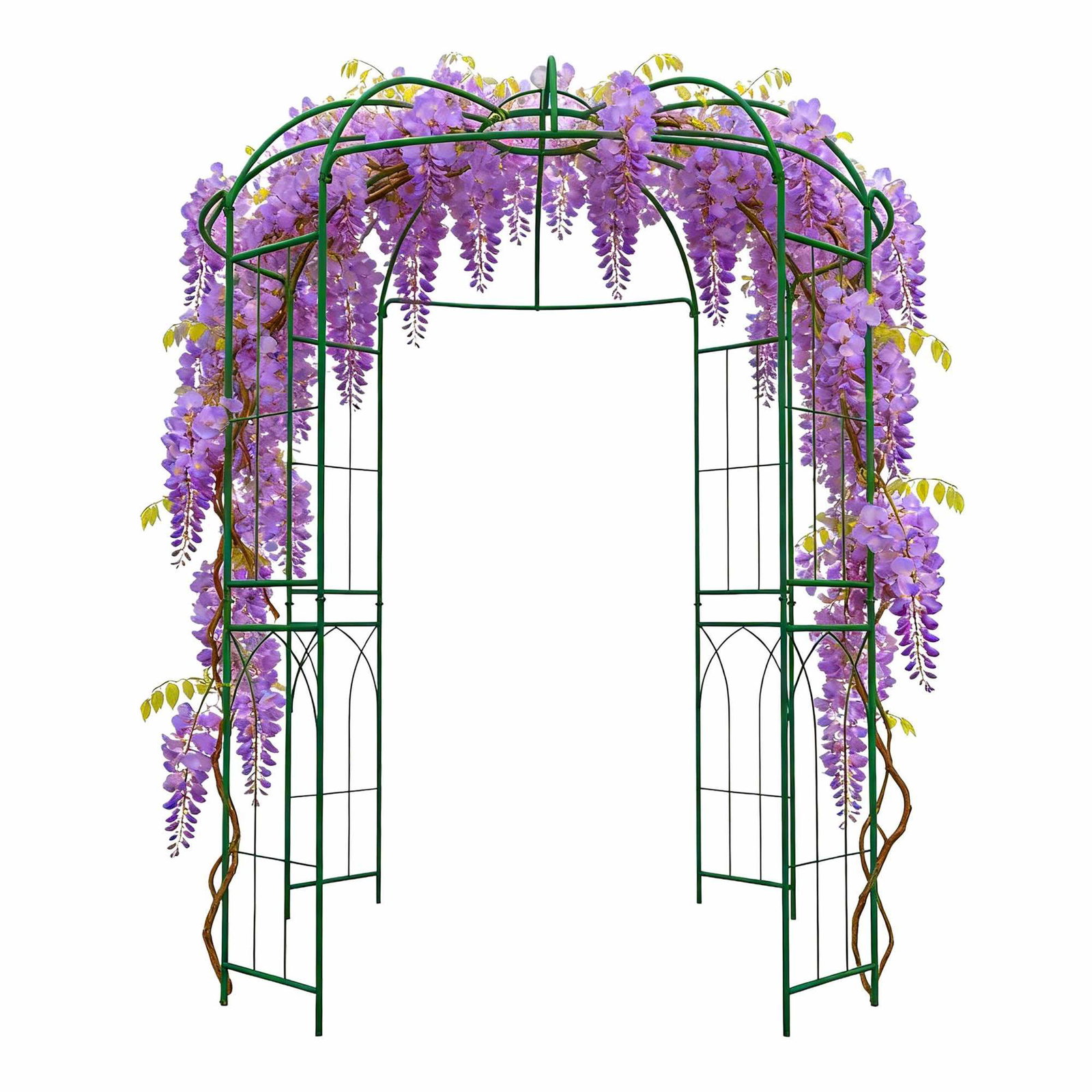 Metallrosepergola med espalierpaneler – mørkegrønn