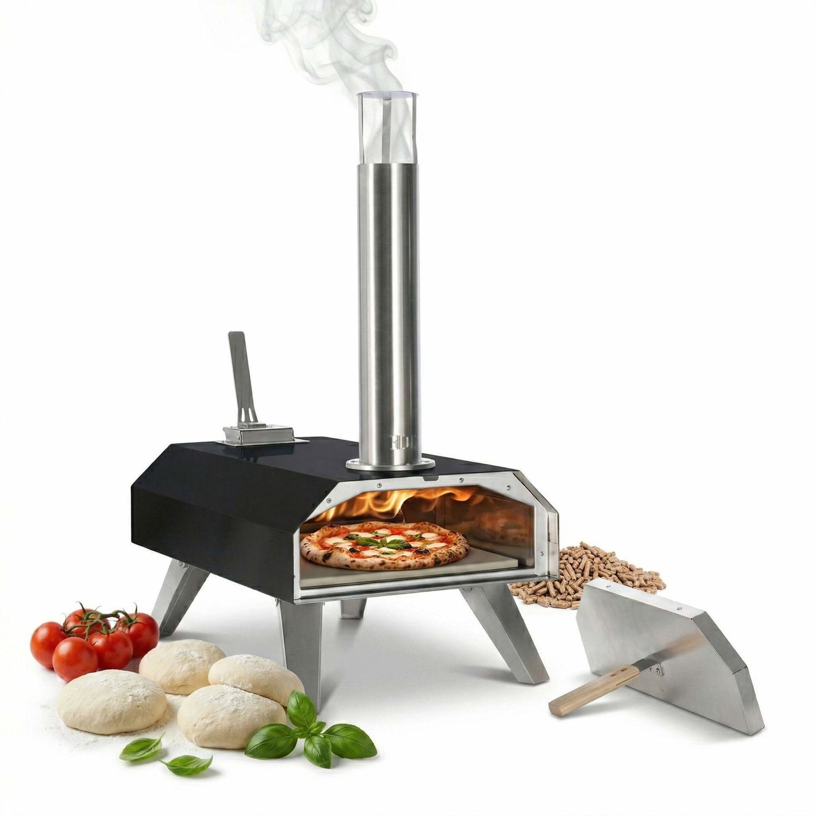 Bordovn for pelletspizza – svart, sølv, naturfarget