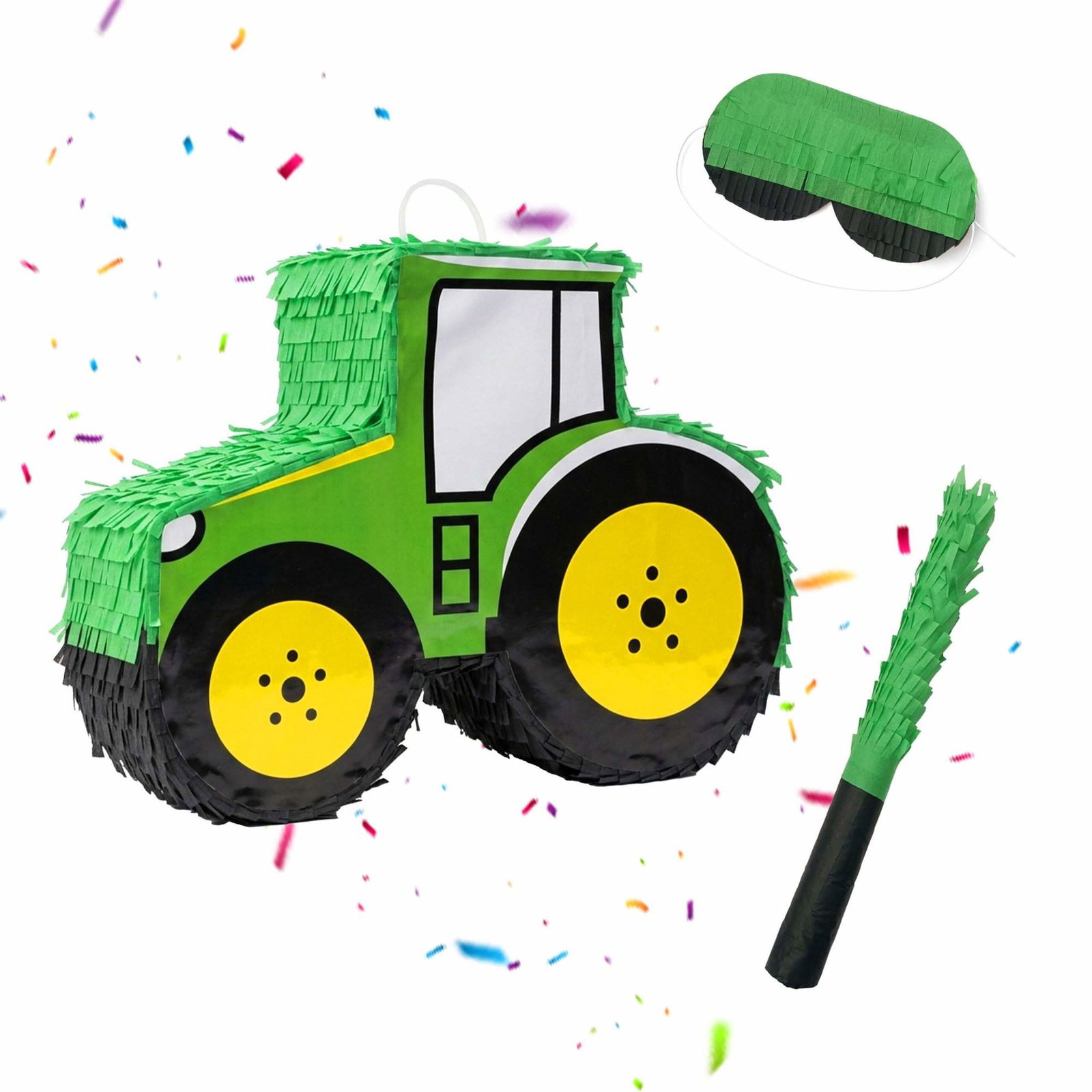 Traktor-piñatasett med pinne og maske – grønn, 40 cm