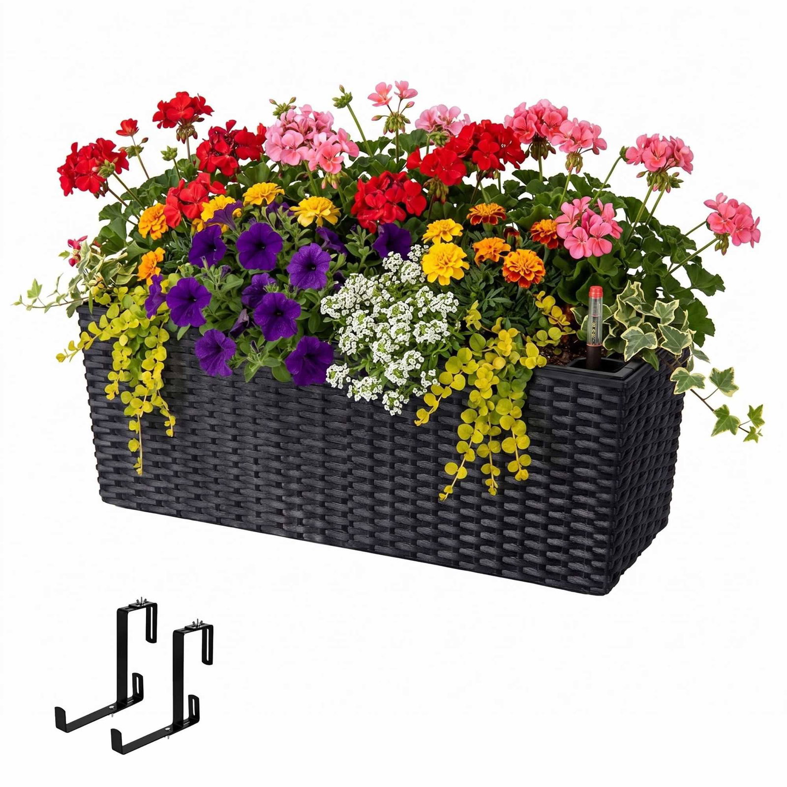 Balkongplantekasse i rotting med vannivåindikator, svart