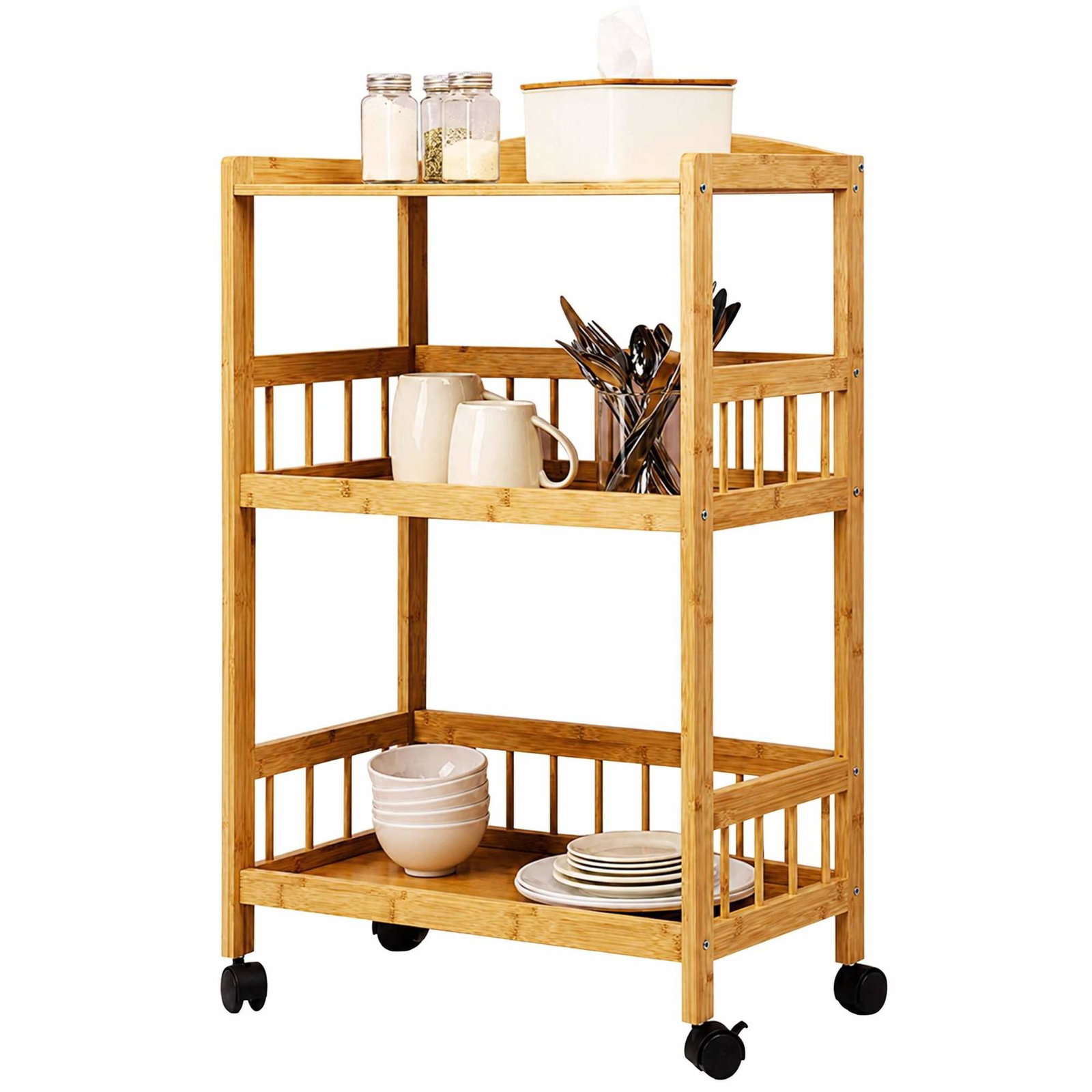 Bambus kjøkkentralle med 3 etasjer – naturfarget, 80x53x30 cm