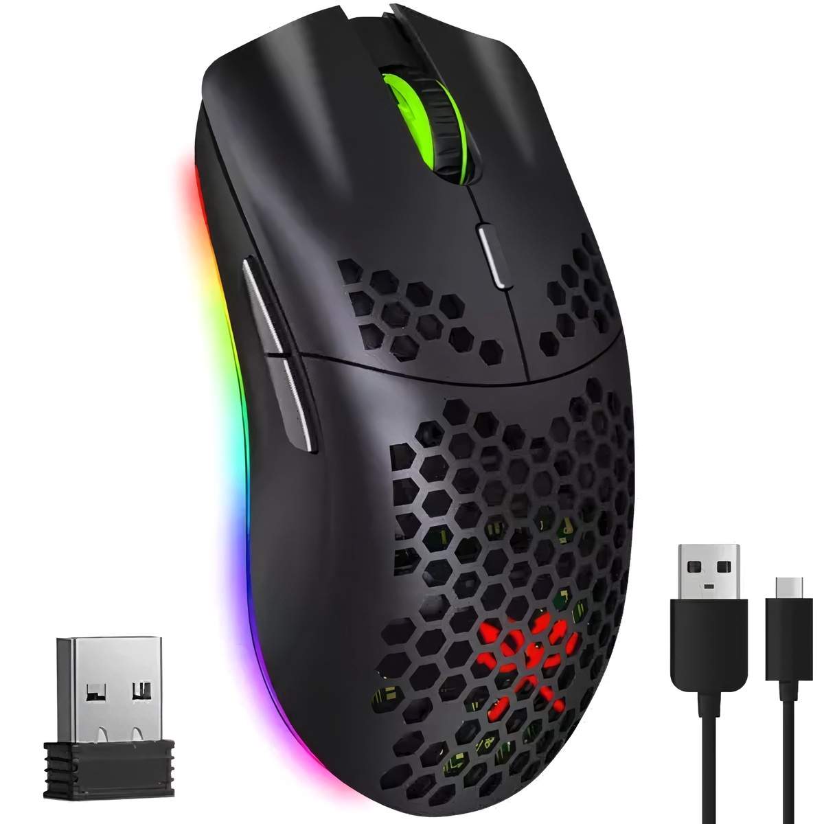 Trådløs RGB spillmus, 6 knapper, 2400 DPI, svart