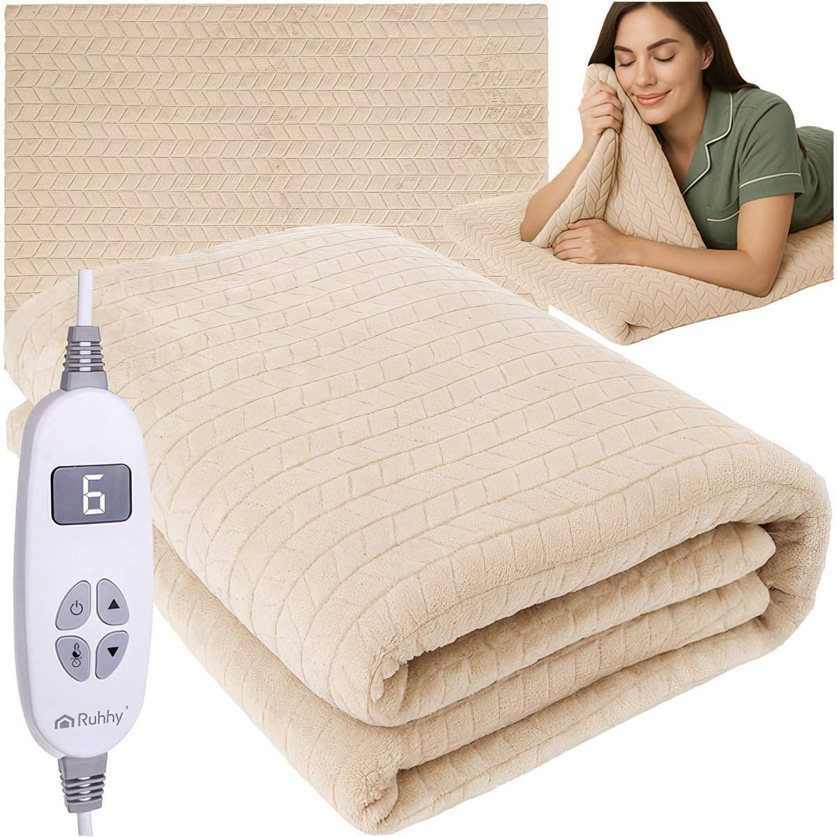 Elektrisk varmeteppe, 10 moduser, 180x130 cm, beige