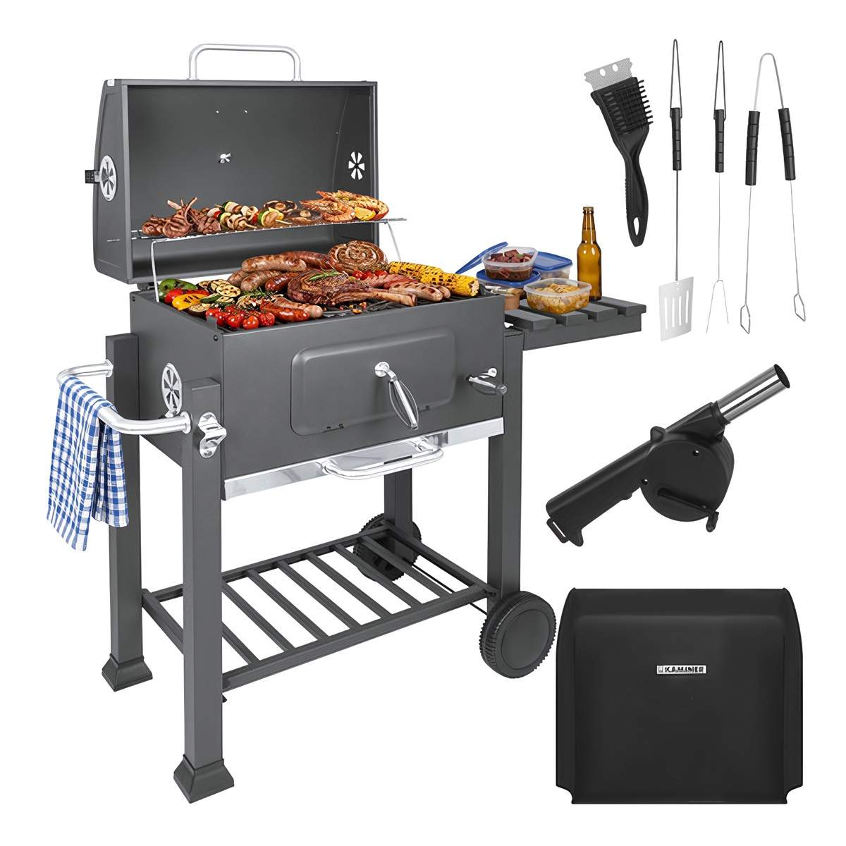 Kullgrill med lokk, støpejernsrist, termometer