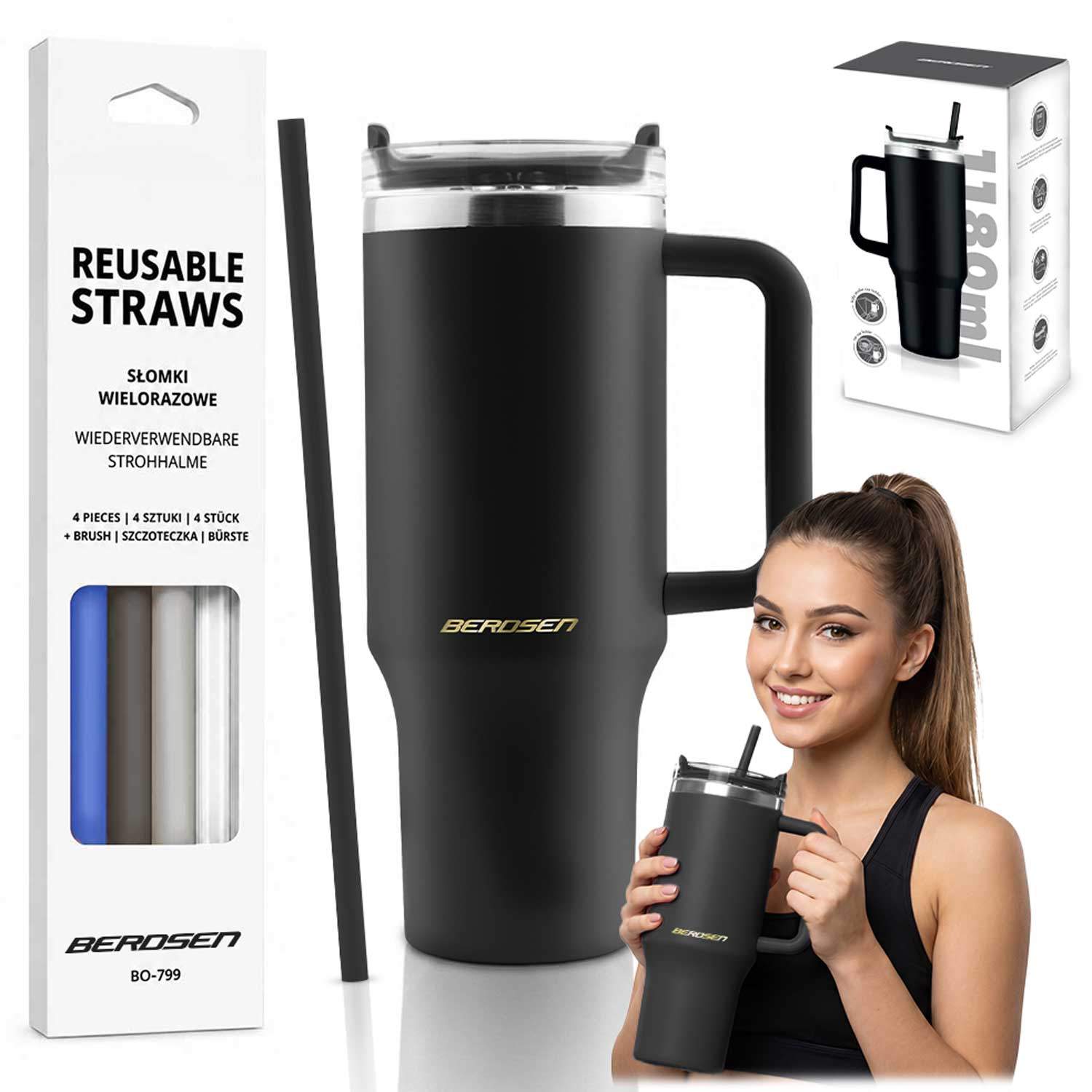 Vakuumisolert tumbler med sugerørsett, 1180 ml, svart