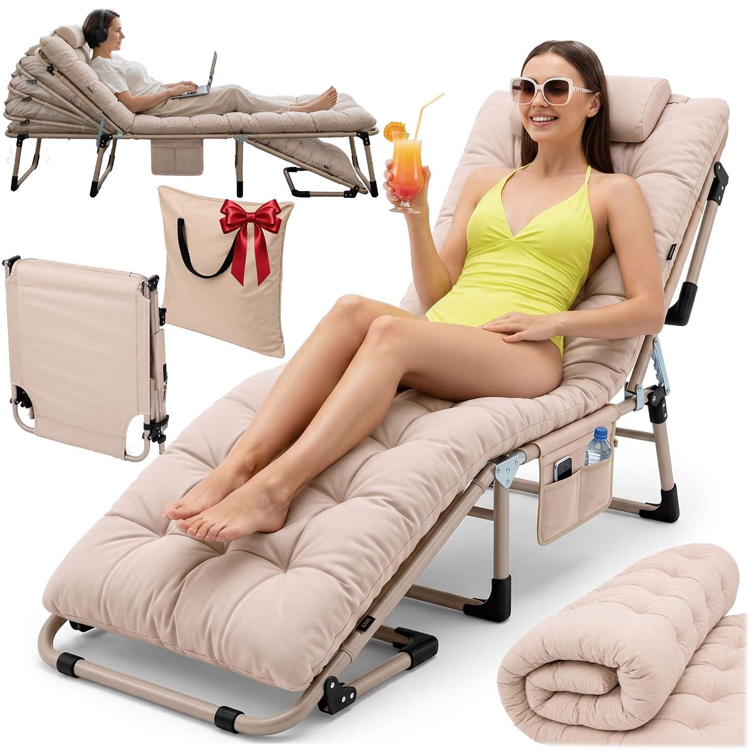 Sammenleggbar campingseng med madrass og pute – beige