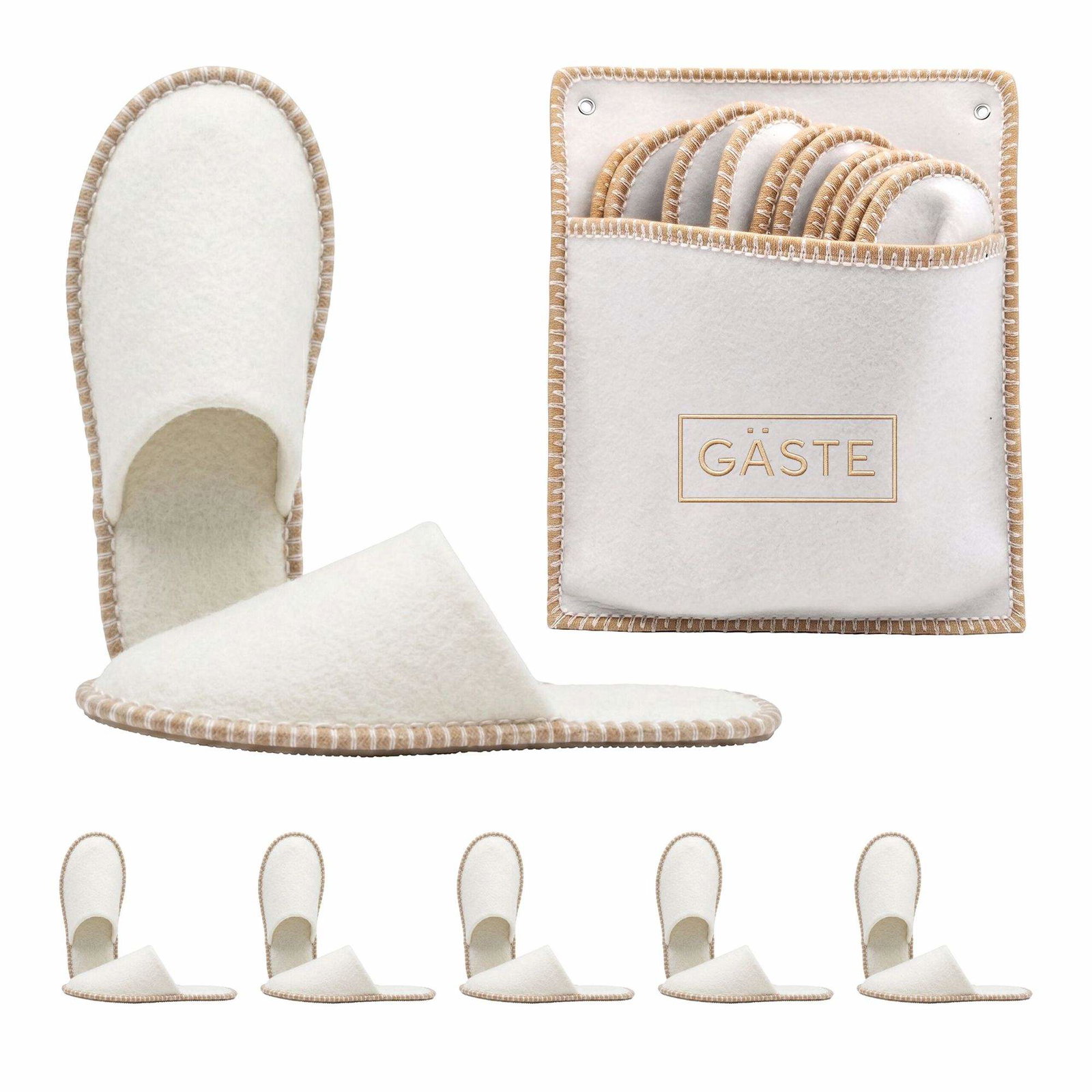 Sett med filt-tøfler, beige – 6 par med oppbevaringspose