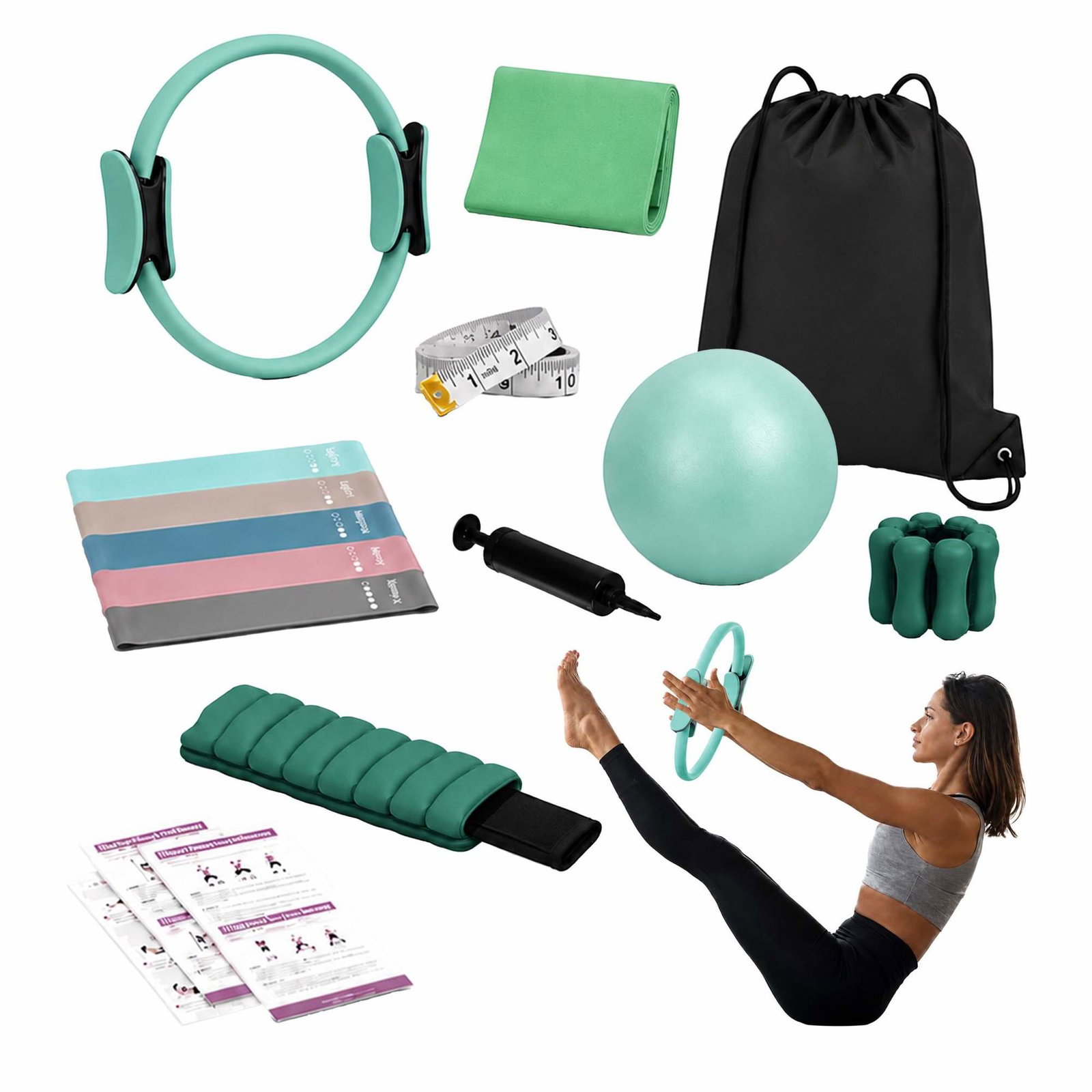 Pilatessett, 13-delt – Grønn, motstandsbånd og vekter