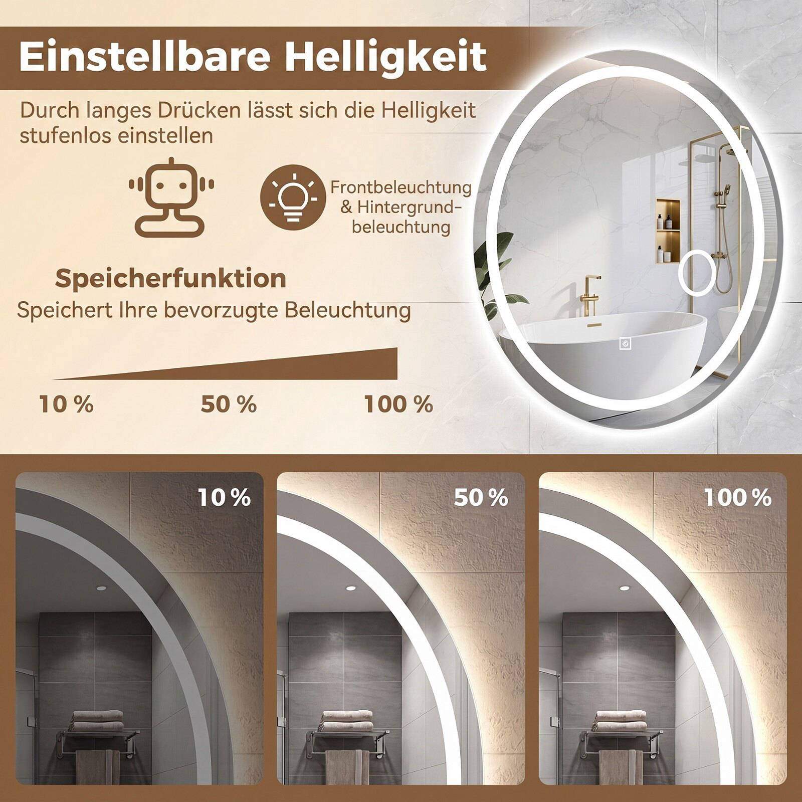 Ovalt LED-baderomsspeil, dimbart, 60x50 cm, 3 lysfarger