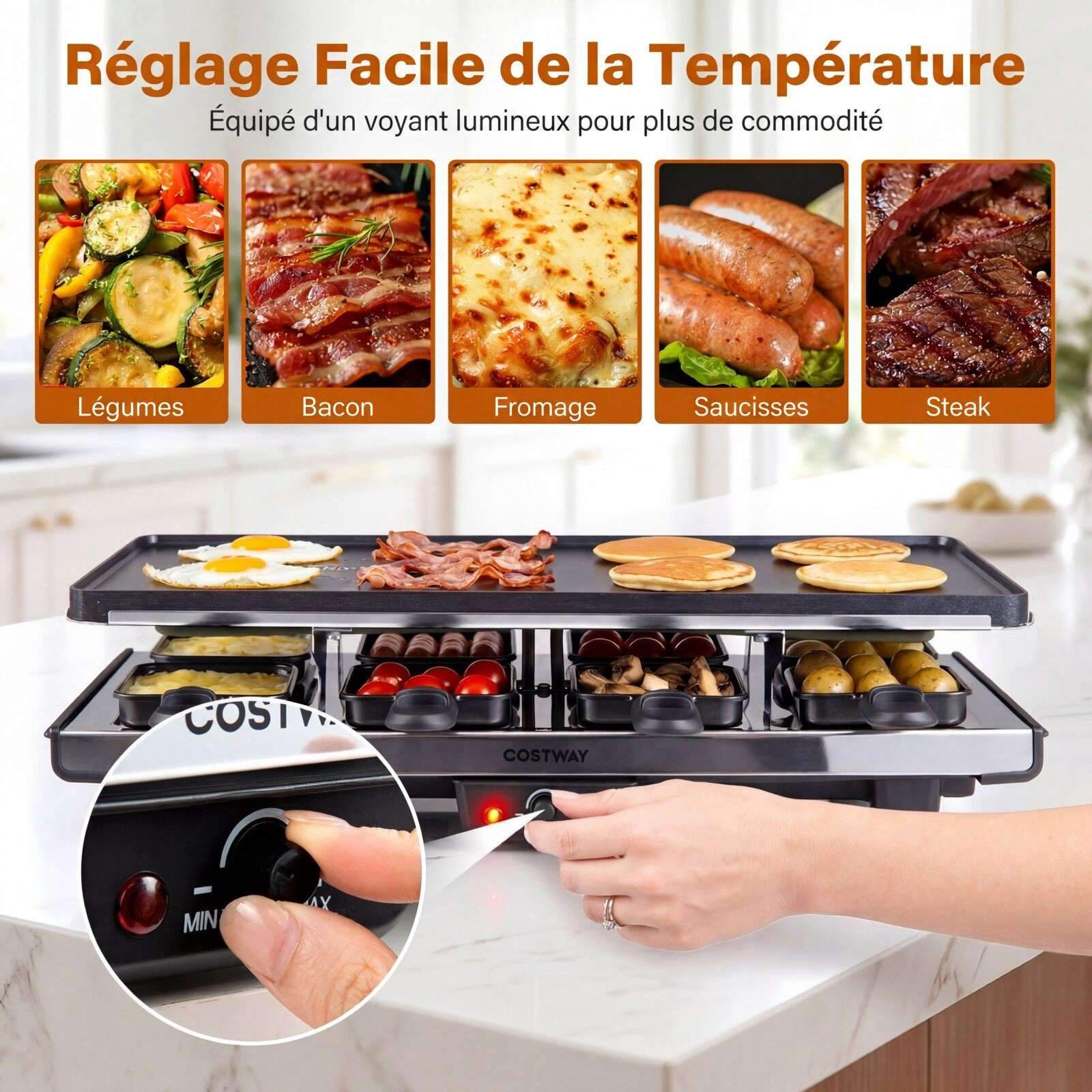 Raclettegrill 1400W – Vendbar plate, 8 panner, svart