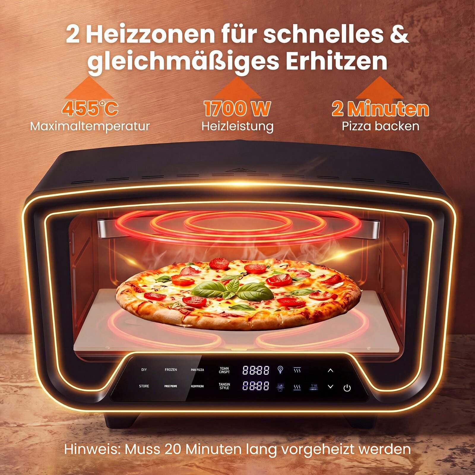 Innendørs elektrisk pizzaovn – 12 tommer, 1700 W, 8 programmer