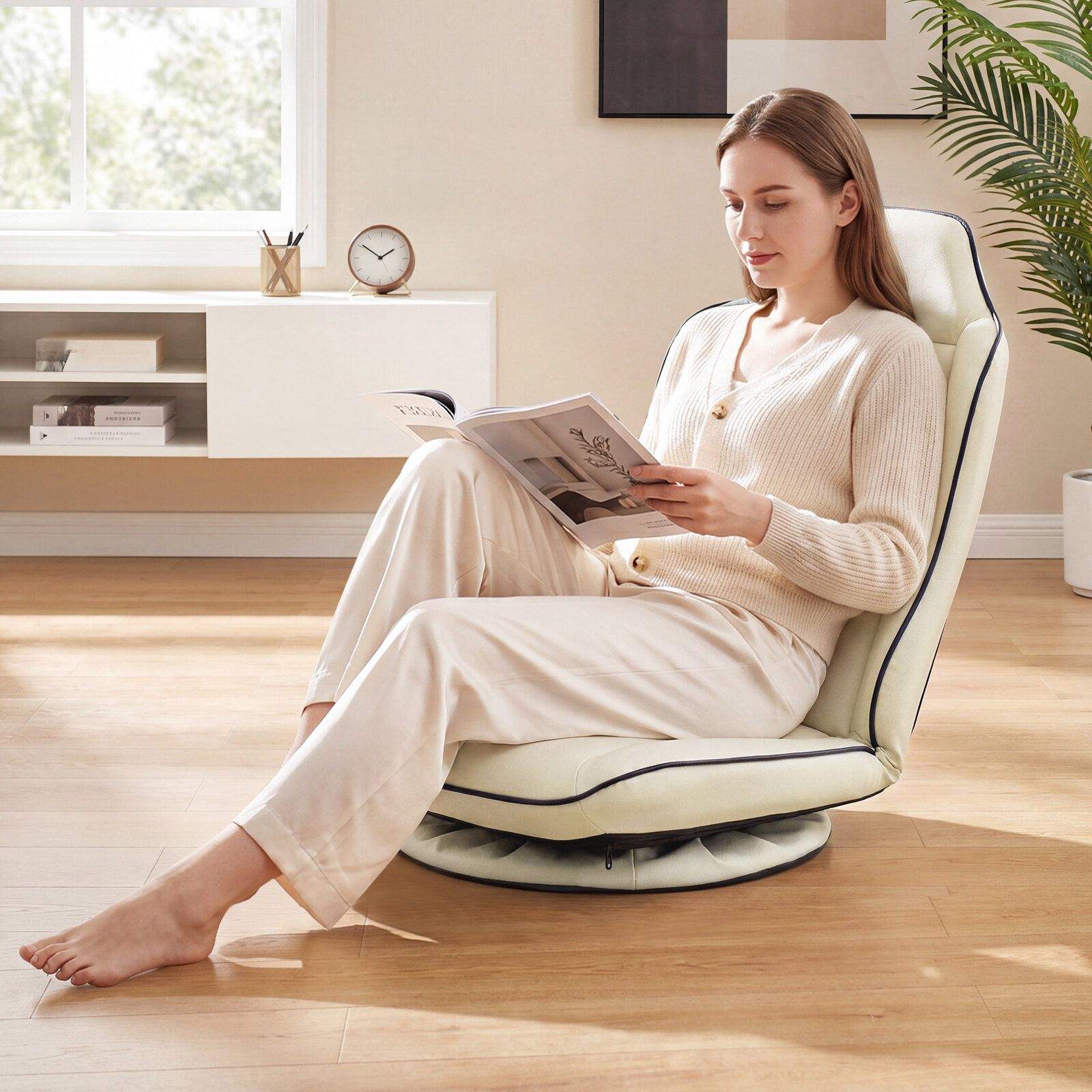 360° svingbar gulvgamingstol – justerbar ryggstøtte, beige