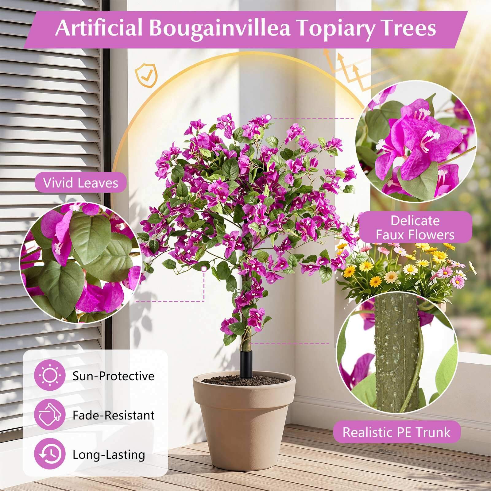 Kunstige bougainvillea-trær, rosa og grønne, 113 cm – 2-pakning