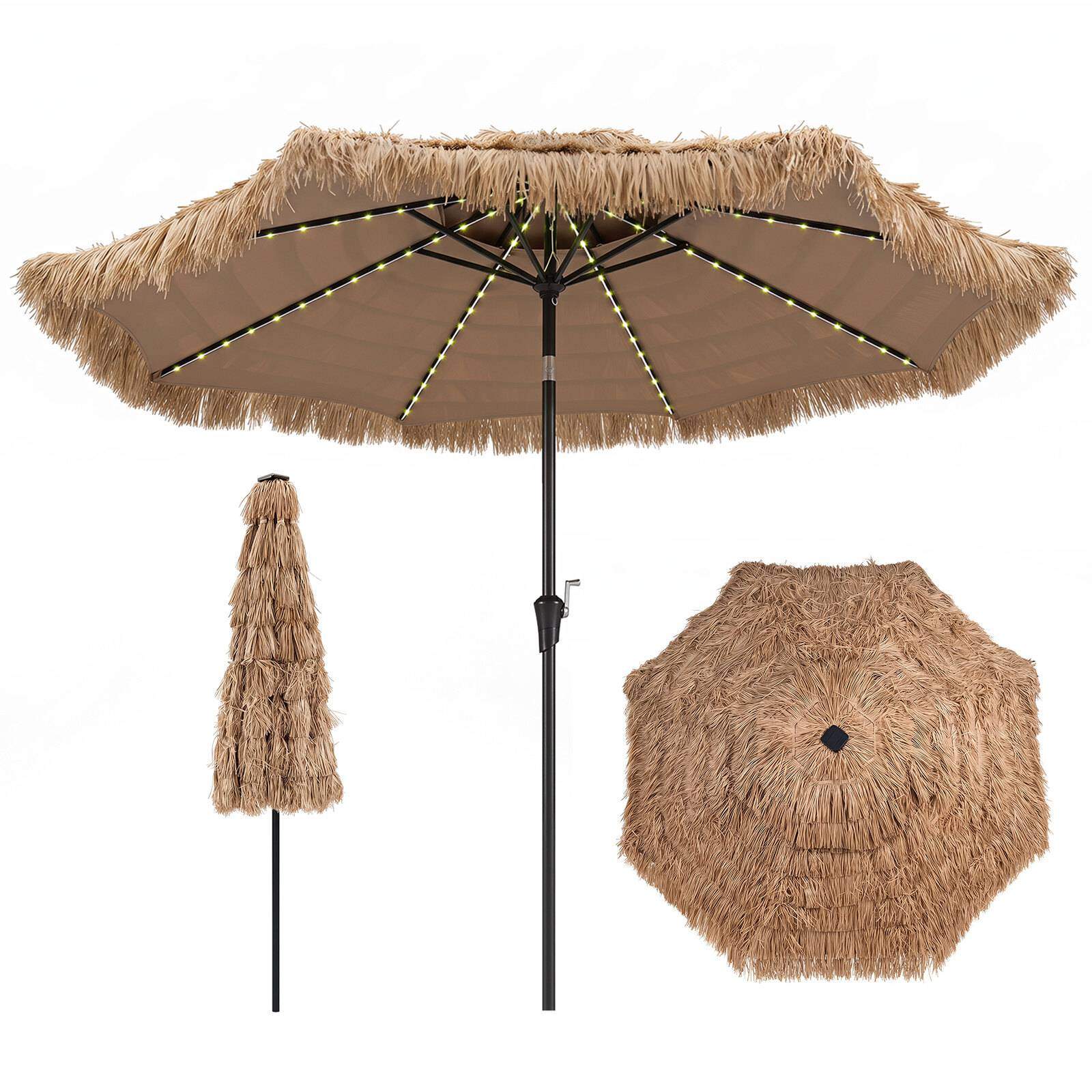 Hawaiisk stråparasoll, 290 cm, vippbar med LED-lys