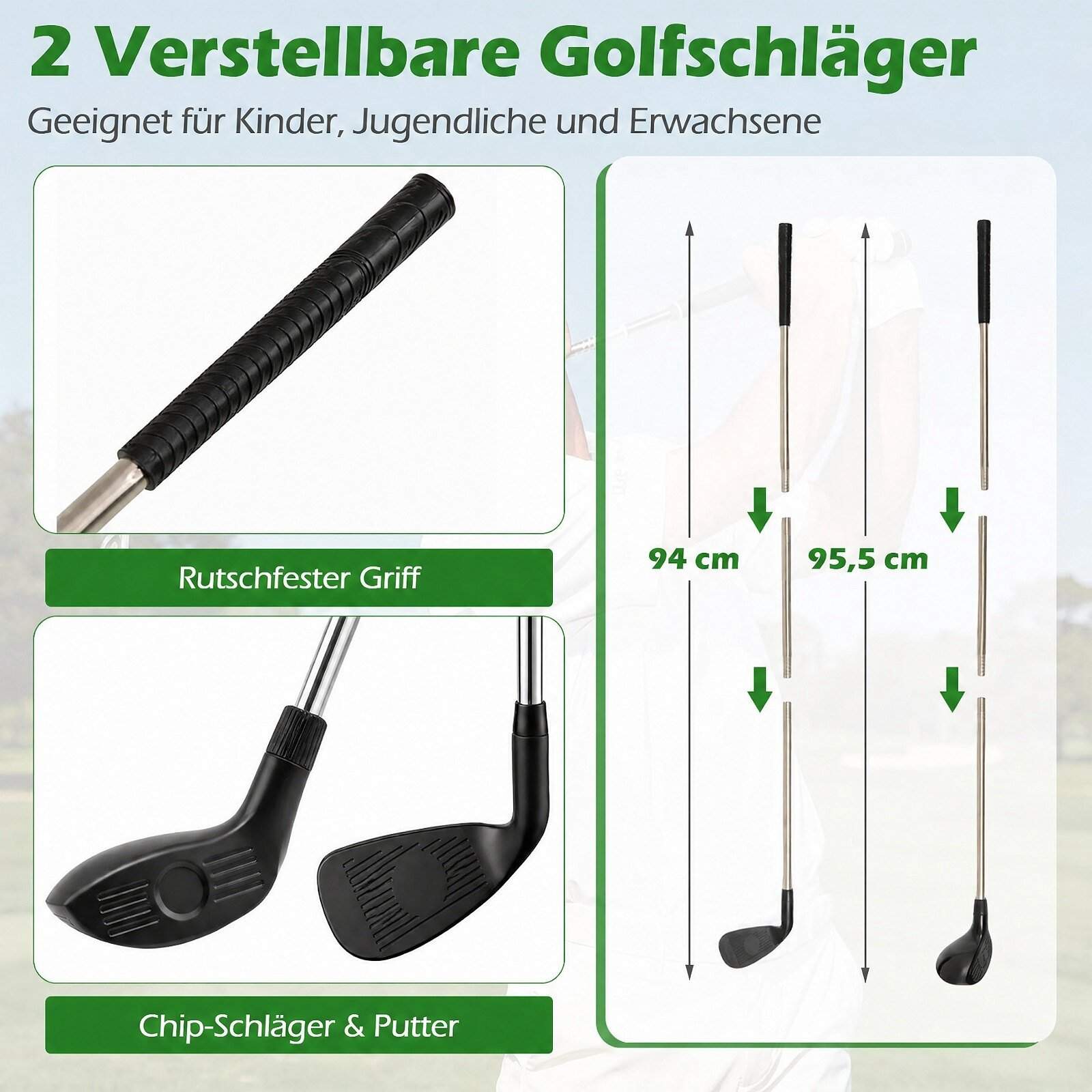 Golf chipping-spillsett – 180 cm x 180 cm, 2 justerbare køller, 24 baller