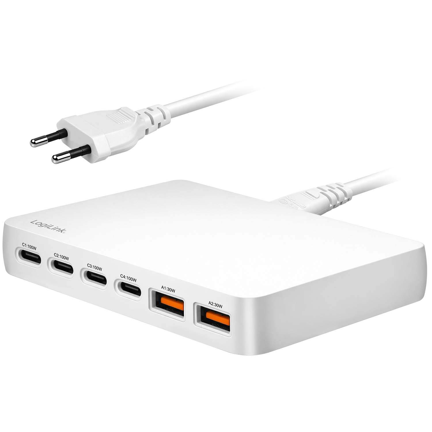 LogiLink Slim GaN bordlader 100W med seks porter, hvit, Quick Charge 3.0