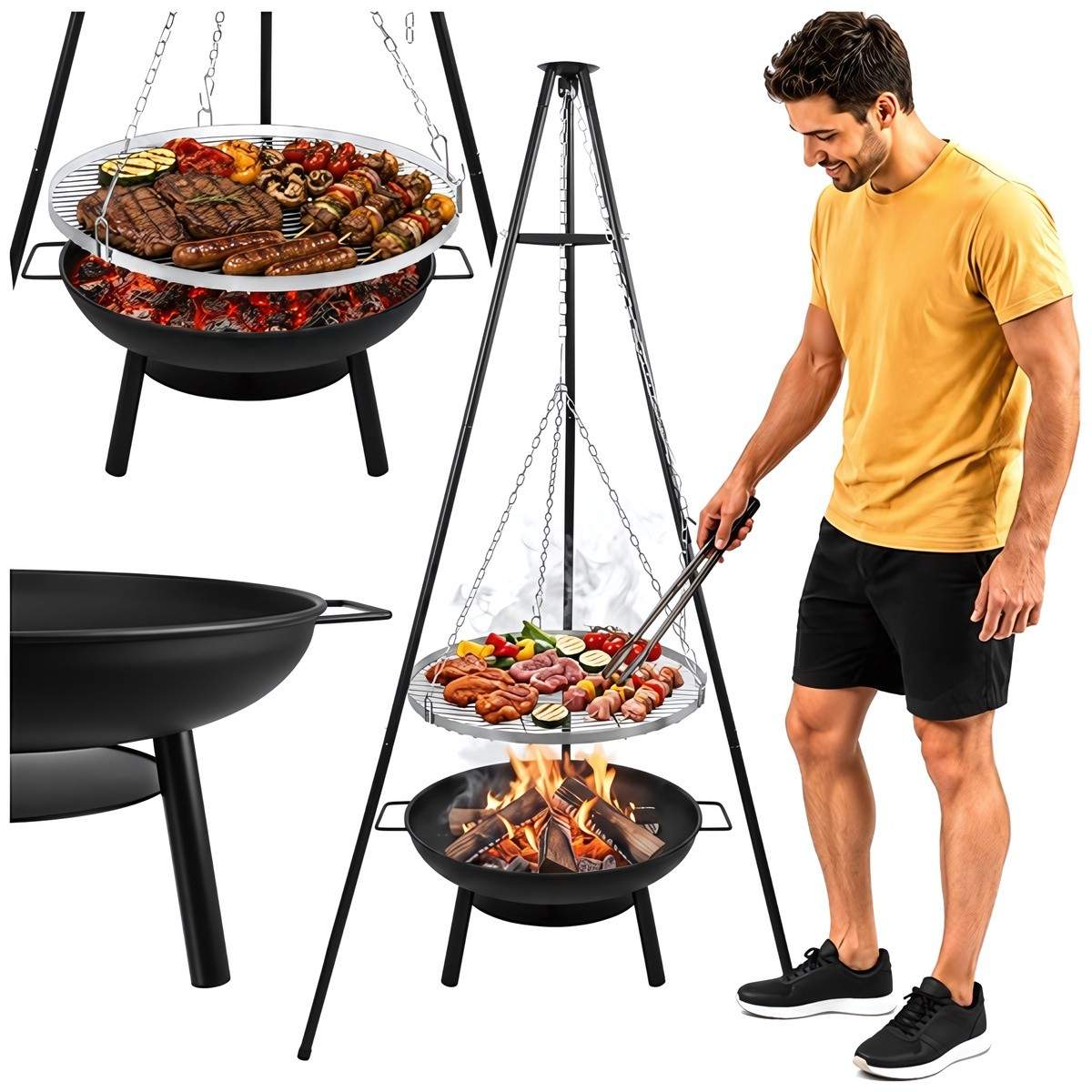 Hengende bålgrill på 167 cm stativ, 58 cm rist, justerbar høyde