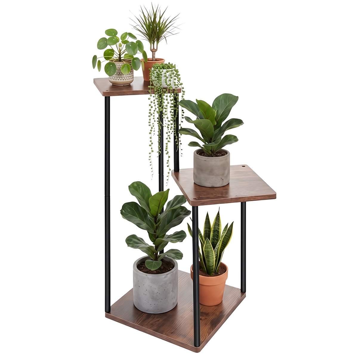 Loft-stil plantestativ 78 cm, 3 nivåer, svart ramme, trefarget topp