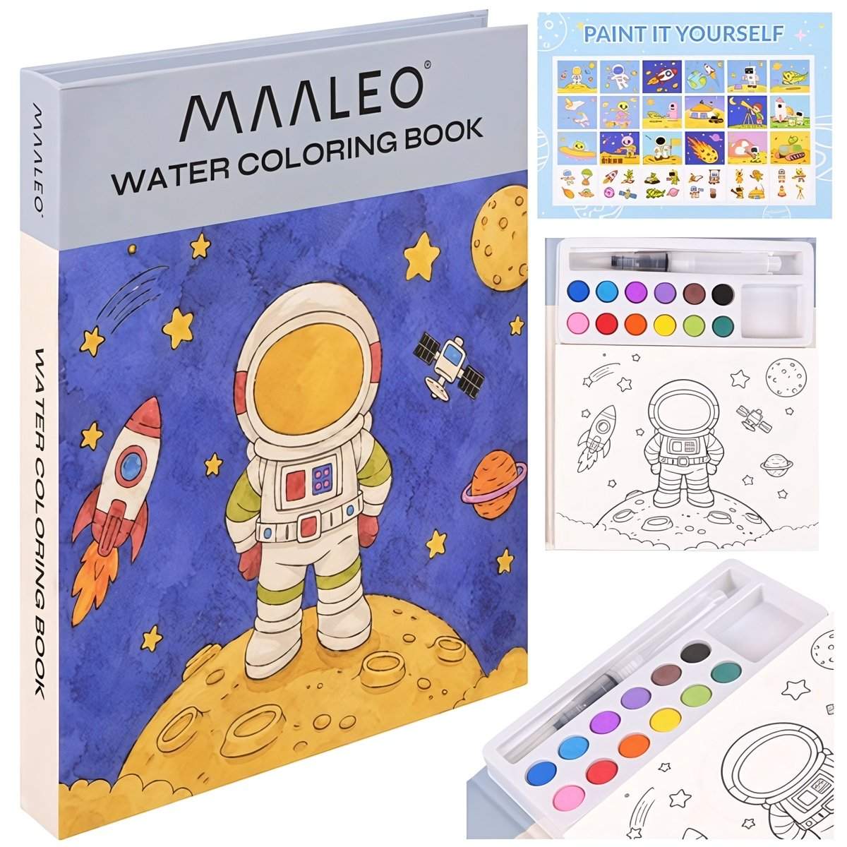 Akvarellmalingsbok med astronauter, 24 ark, 12 farger, vannpensel