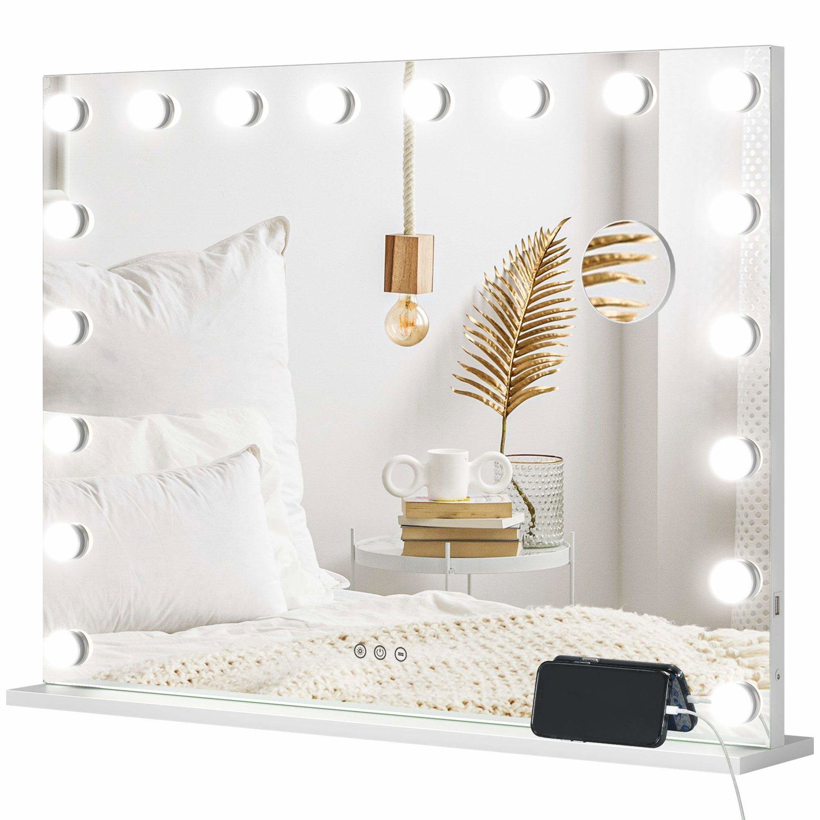 Hollywood sminkespeil 80 x 60 cm med 18 LED-pærer, dimbar, telefonholder