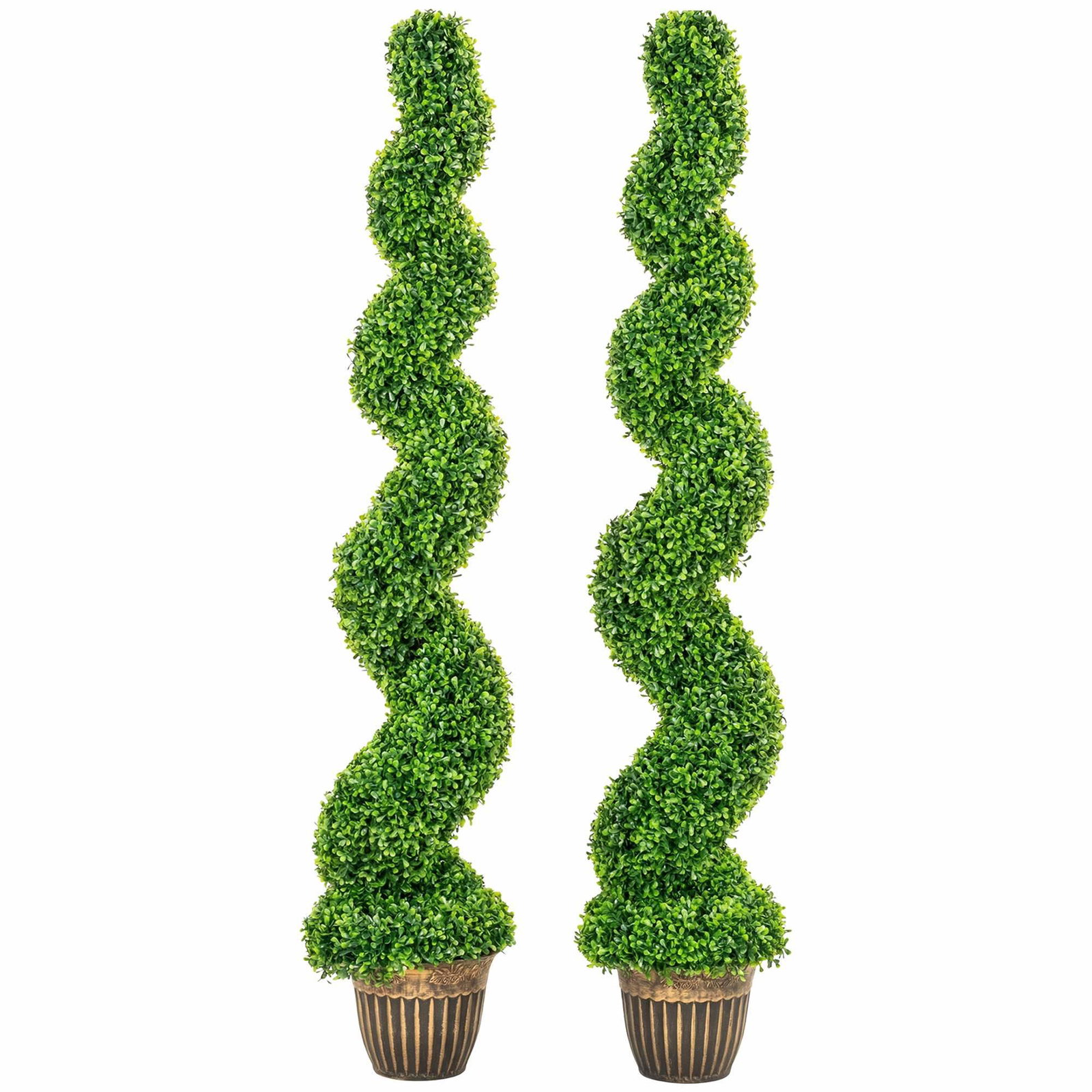 Imitert spiralformet buksbomtrær 150 cm med sementfylte potter, sett med 2