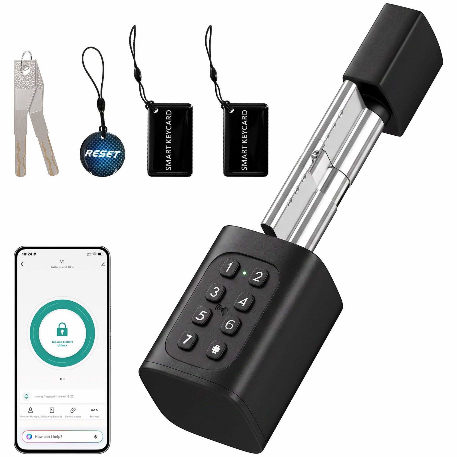 Smart låsesylinder med fingeravtrykk for europrofildører, 5 opplåsingsmetoder