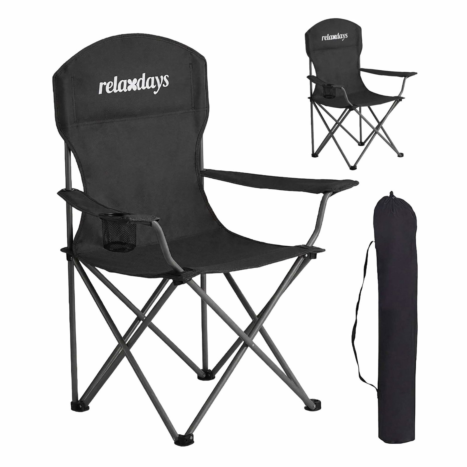Campingstoler 2-pakning med armlener og koppholder, bæreveske, svart