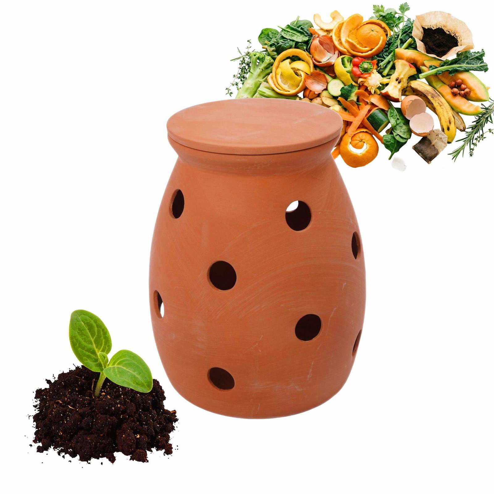 Urban Gardening ormekompost med lokk, terrakotta, pustende leire