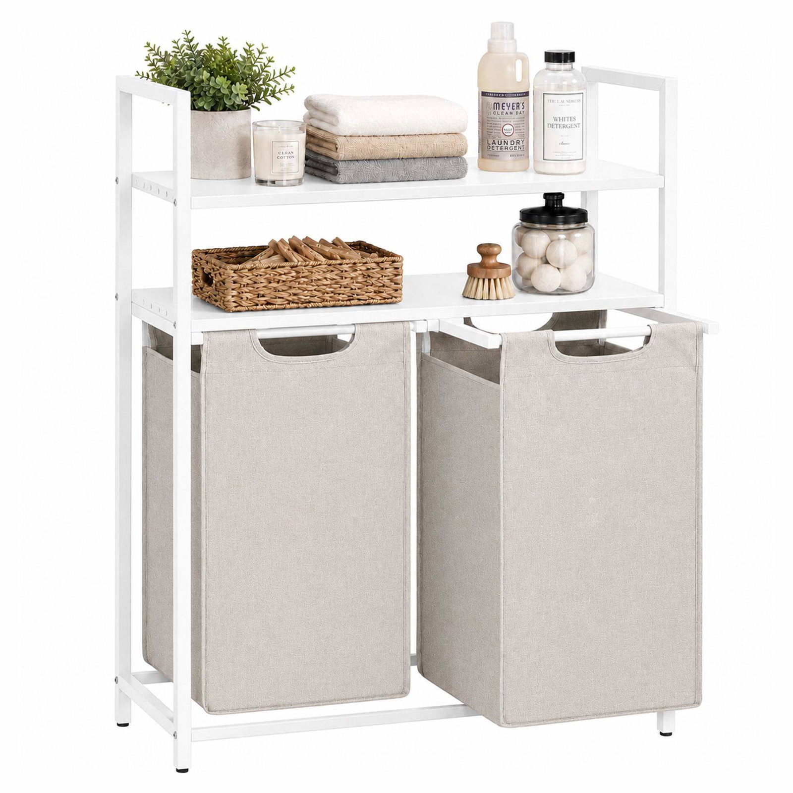 Baderomsoppbevaring med 2 hyller og 2 poser, 93 cm, hvit/beige