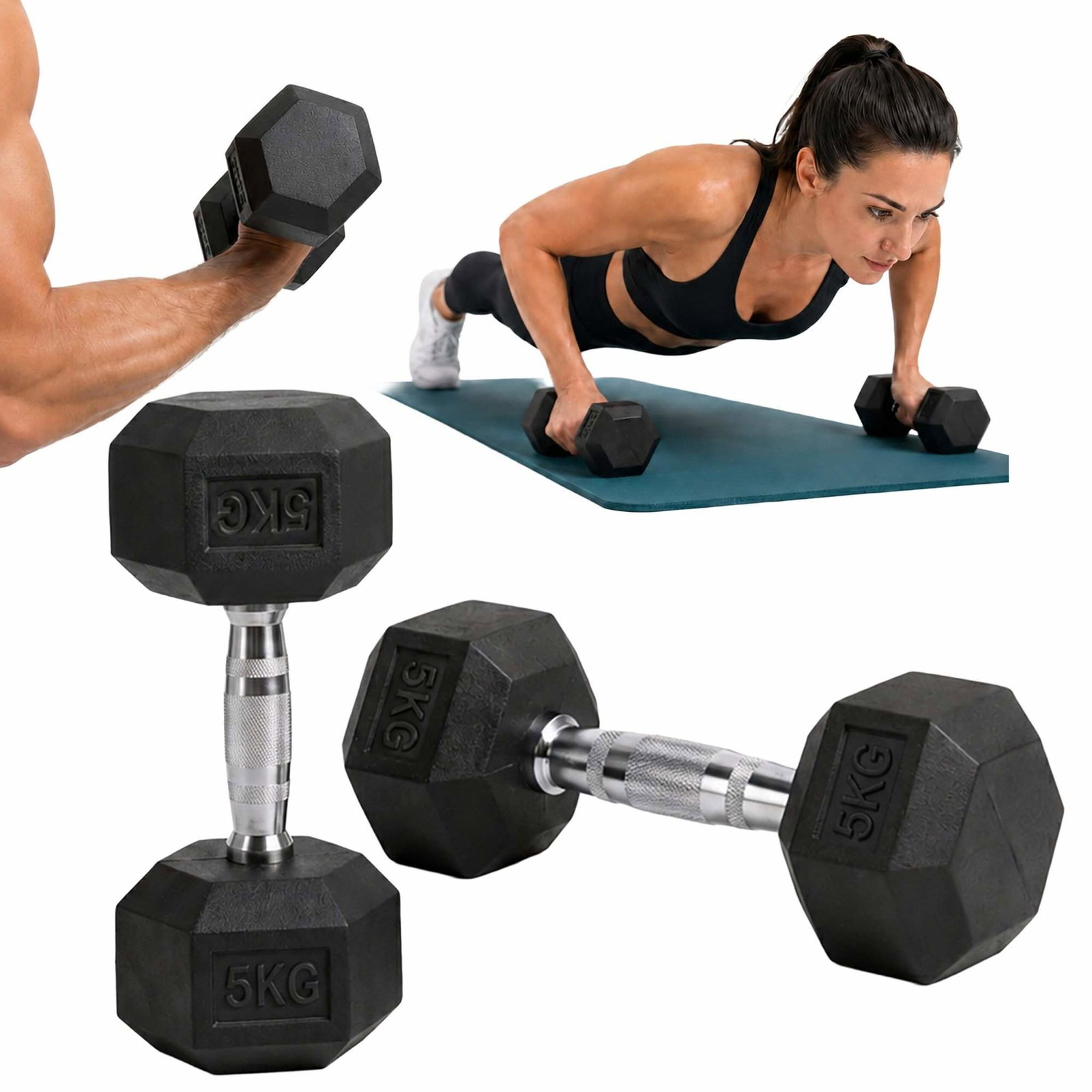 Gummi sekskantmanualsett 2 x 5 kg for hjemmetrening, sklisikkert grep