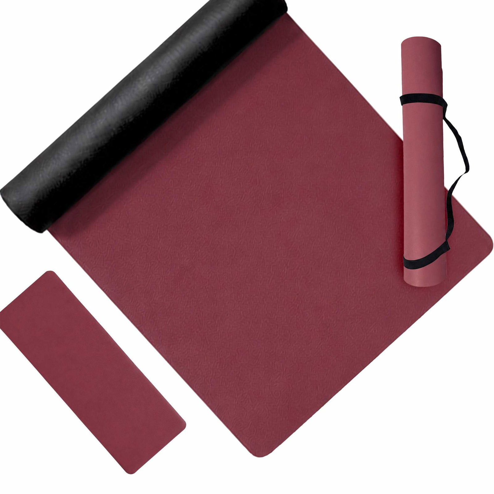 Pilates- og yogamatte 5 mm med PU-overflate og gummibunn, burgunder