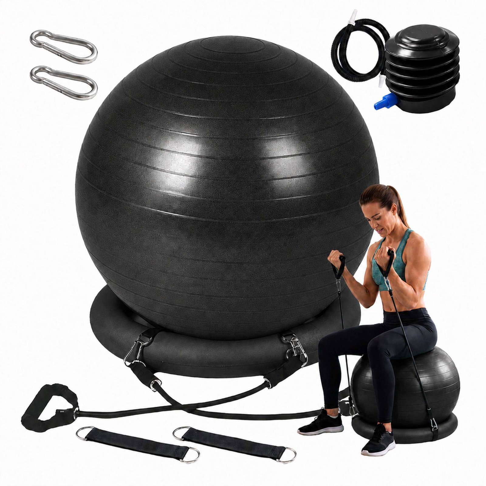 Pilatesballsett med stabilitetsring og motstandsbånd, svart, 150 kg