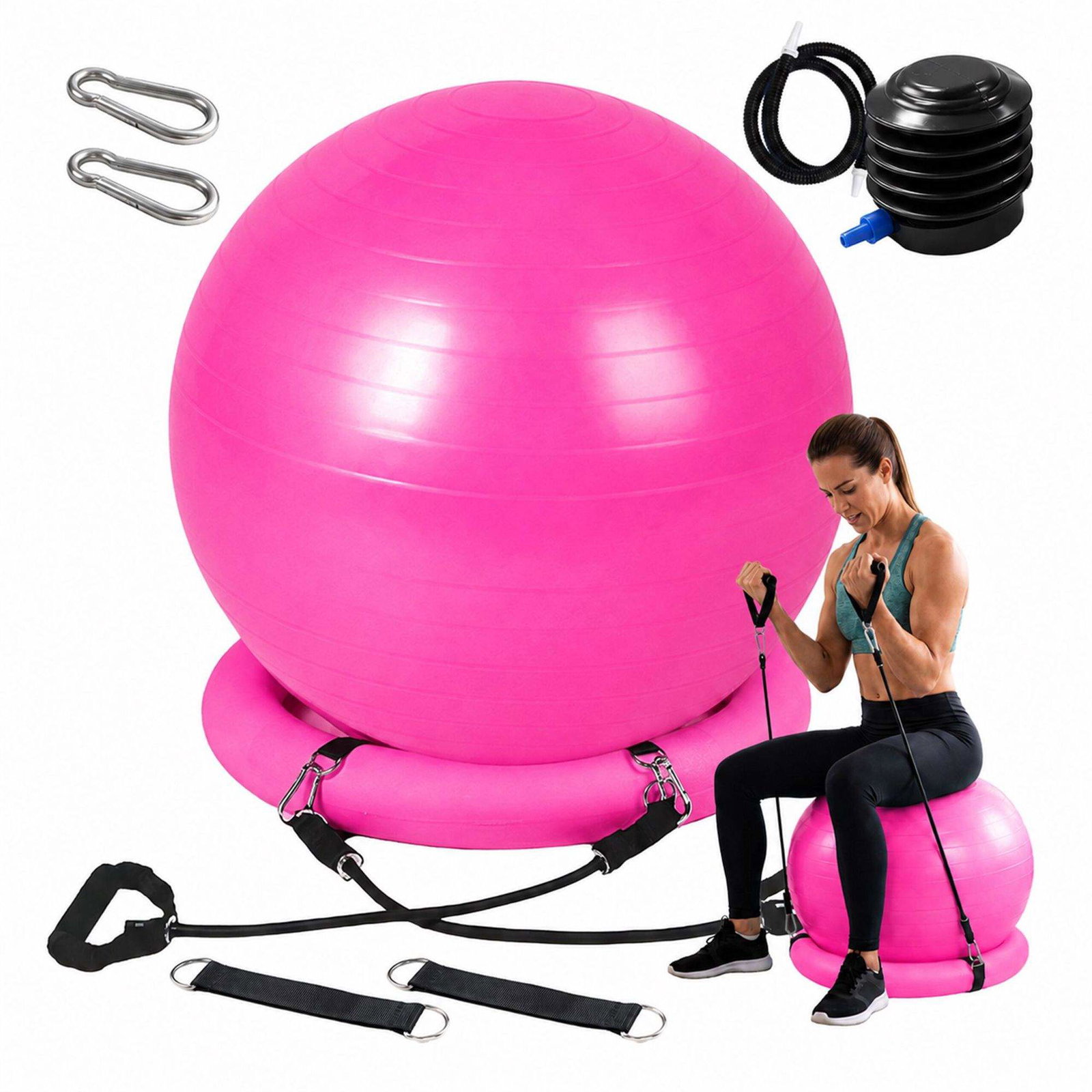 Pilatesballsett med stabilitetsring og motstandsbånd, rosa, 150 kg